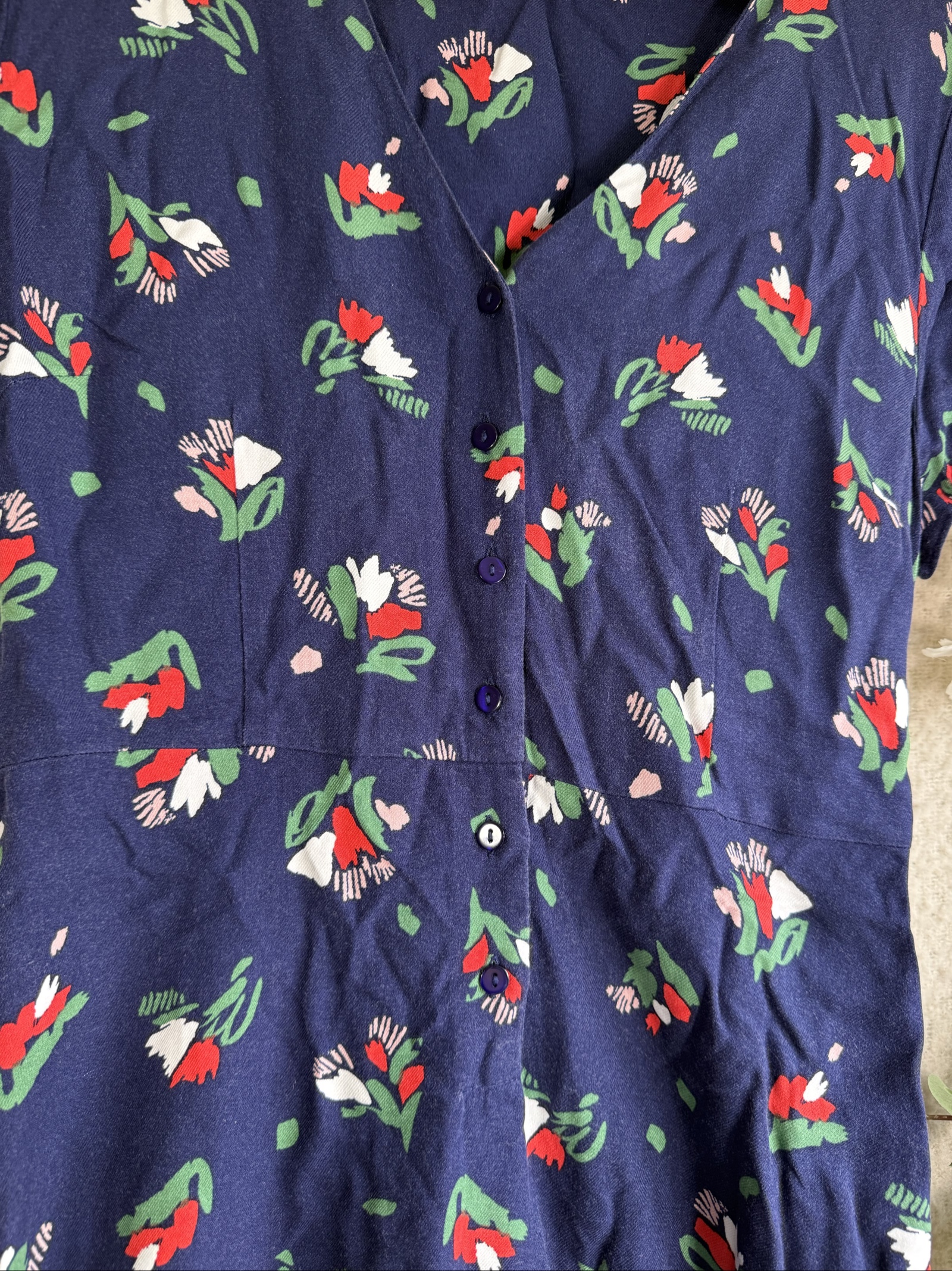 Tu Navy Floral Print V-Neck Button Front Cotton Dress UK 12 Fit & Flare image 5