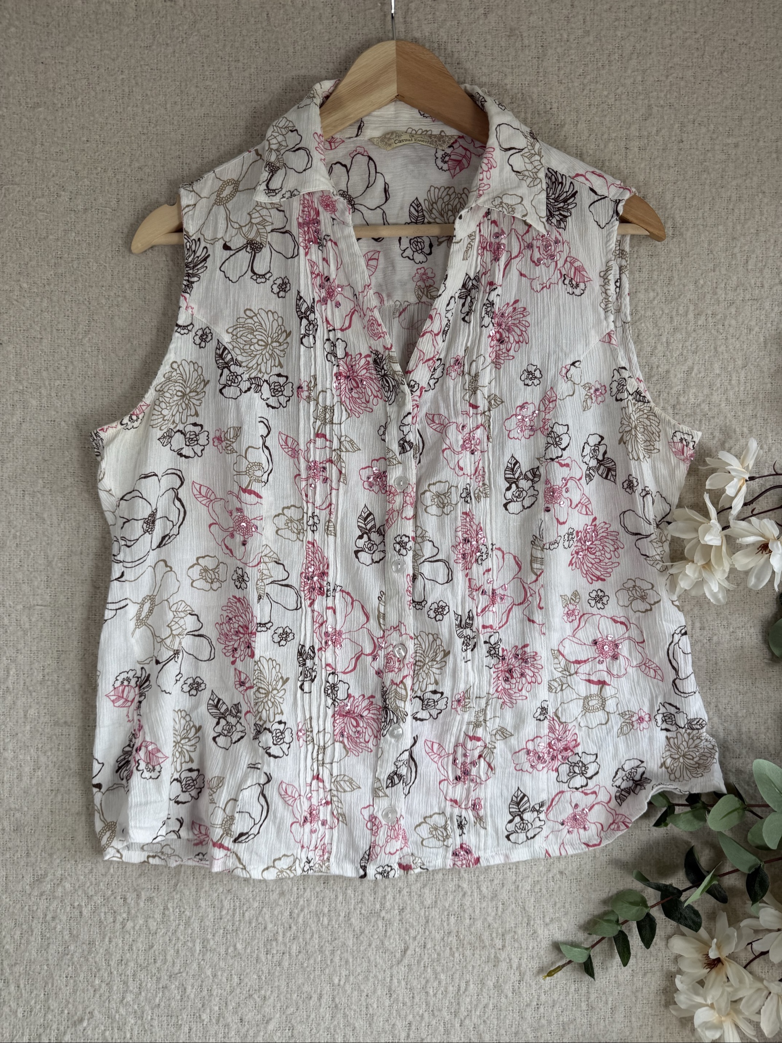 Casual Essentials White Floral Cotton Sleeveless Shirt UK 16 Summer Top