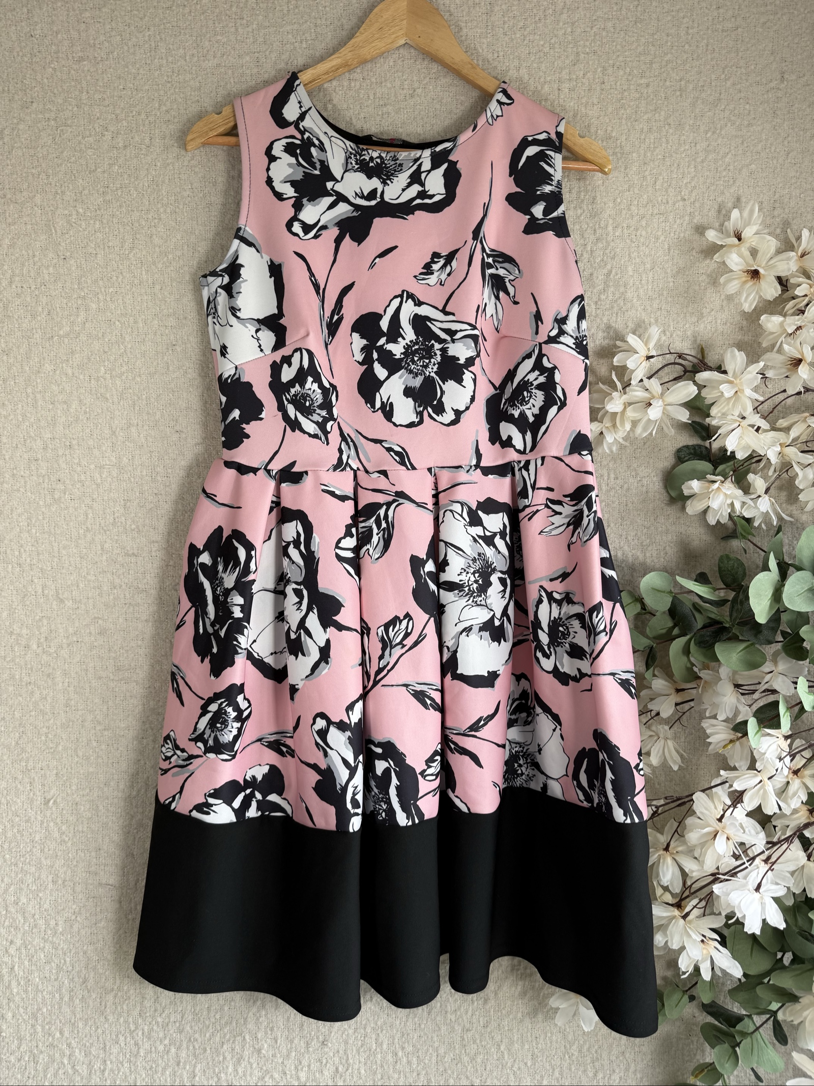 Yours Pink & Black Floral Sleeveless Occasion Dress UK 14 Elegant Fit & Flare