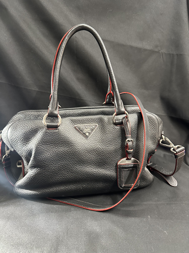 Prada Black Leather Shoulder Bag with Red Trim