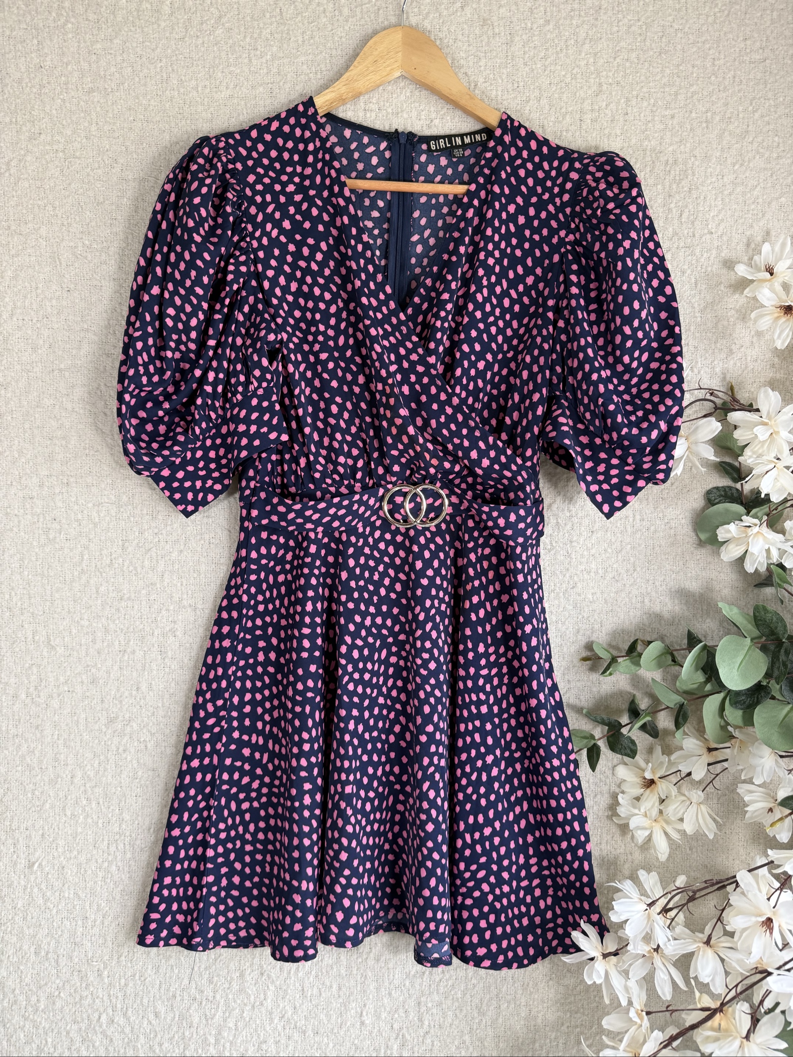 Girl In Mind Navy & Pink Polka Dot Puff Sleeve Belted Dress UK 10 Stylish