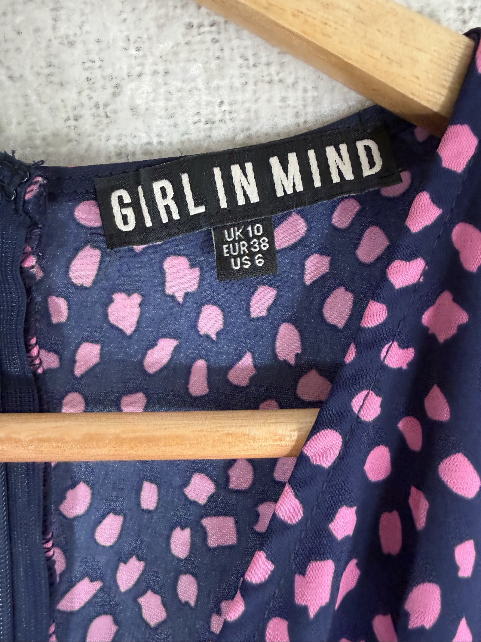 Girl In Mind Navy & Pink Polka Dot Puff Sleeve Belted Dress UK 10 Stylish image 2