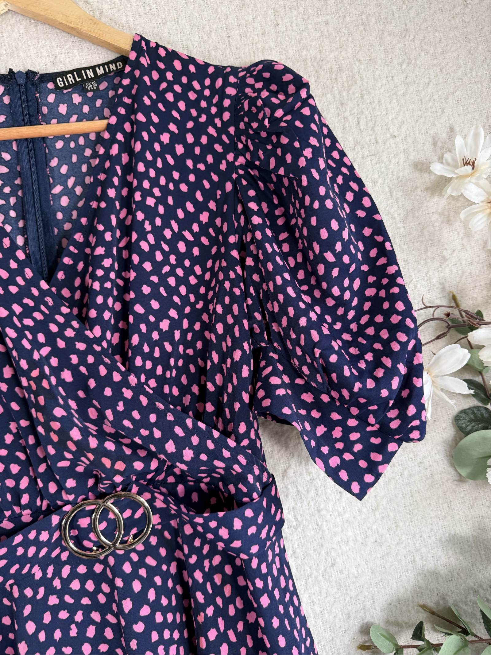 Girl In Mind Navy & Pink Polka Dot Puff Sleeve Belted Dress UK 10 Stylish image 3