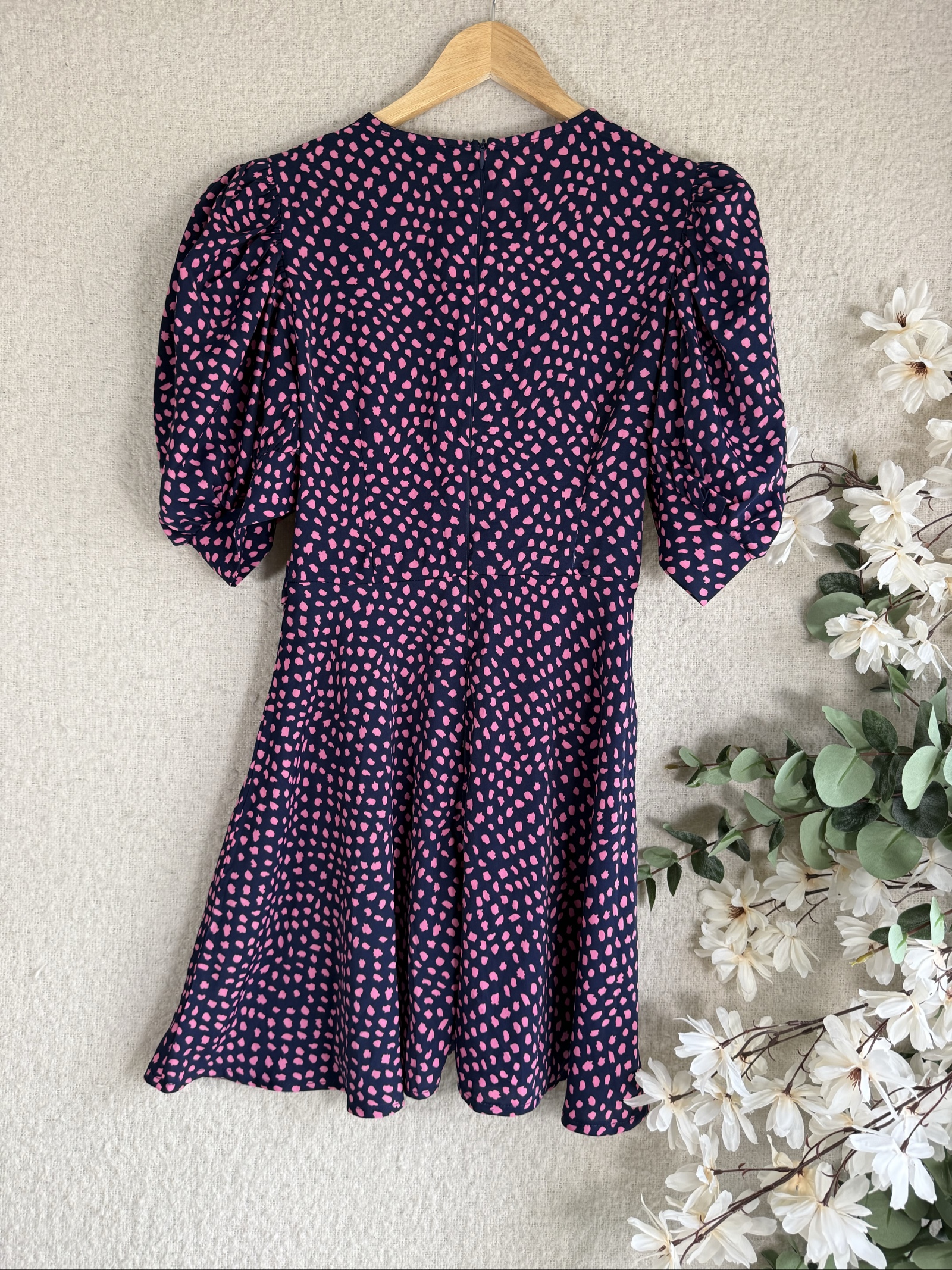 Girl In Mind Navy & Pink Polka Dot Puff Sleeve Belted Dress UK 10 Stylish image 4