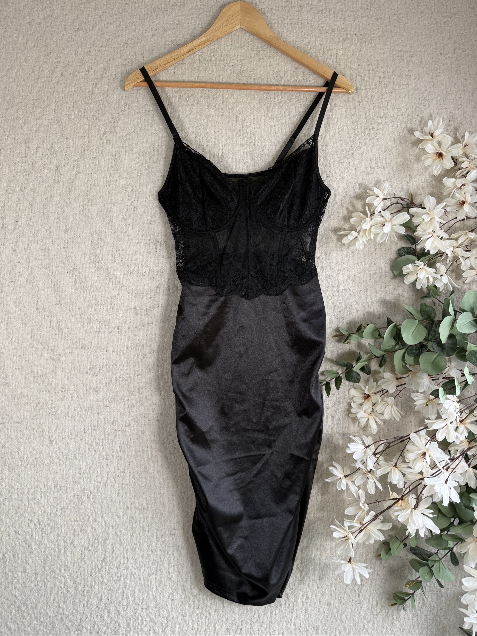 Shein Black Lace & Satin Midi Dress UK Large Elegant Party Occasion Dress
