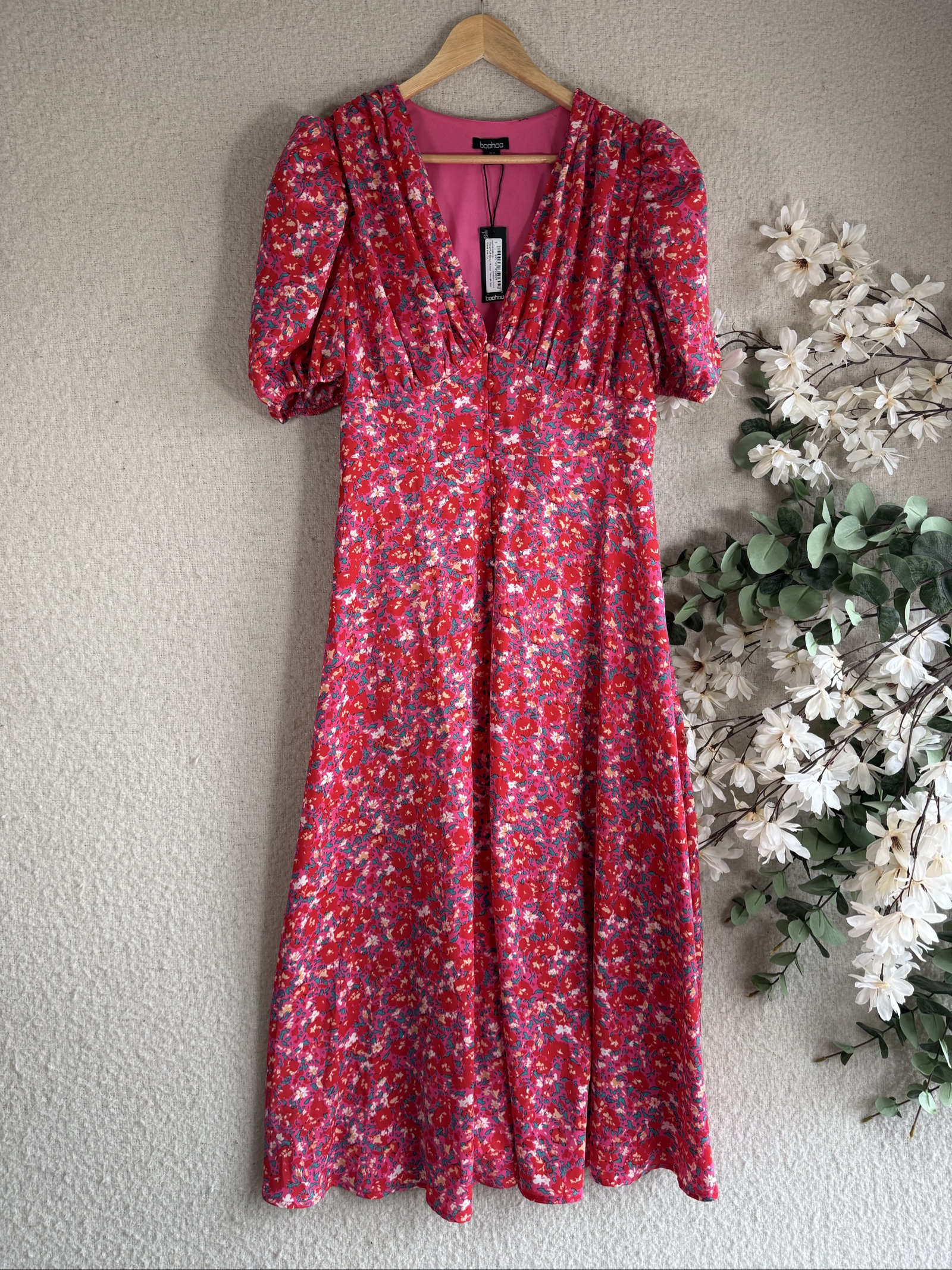 Boohoo Red Floral Puff Sleeve Midi Dress UK 18 V-Neck Button Detail