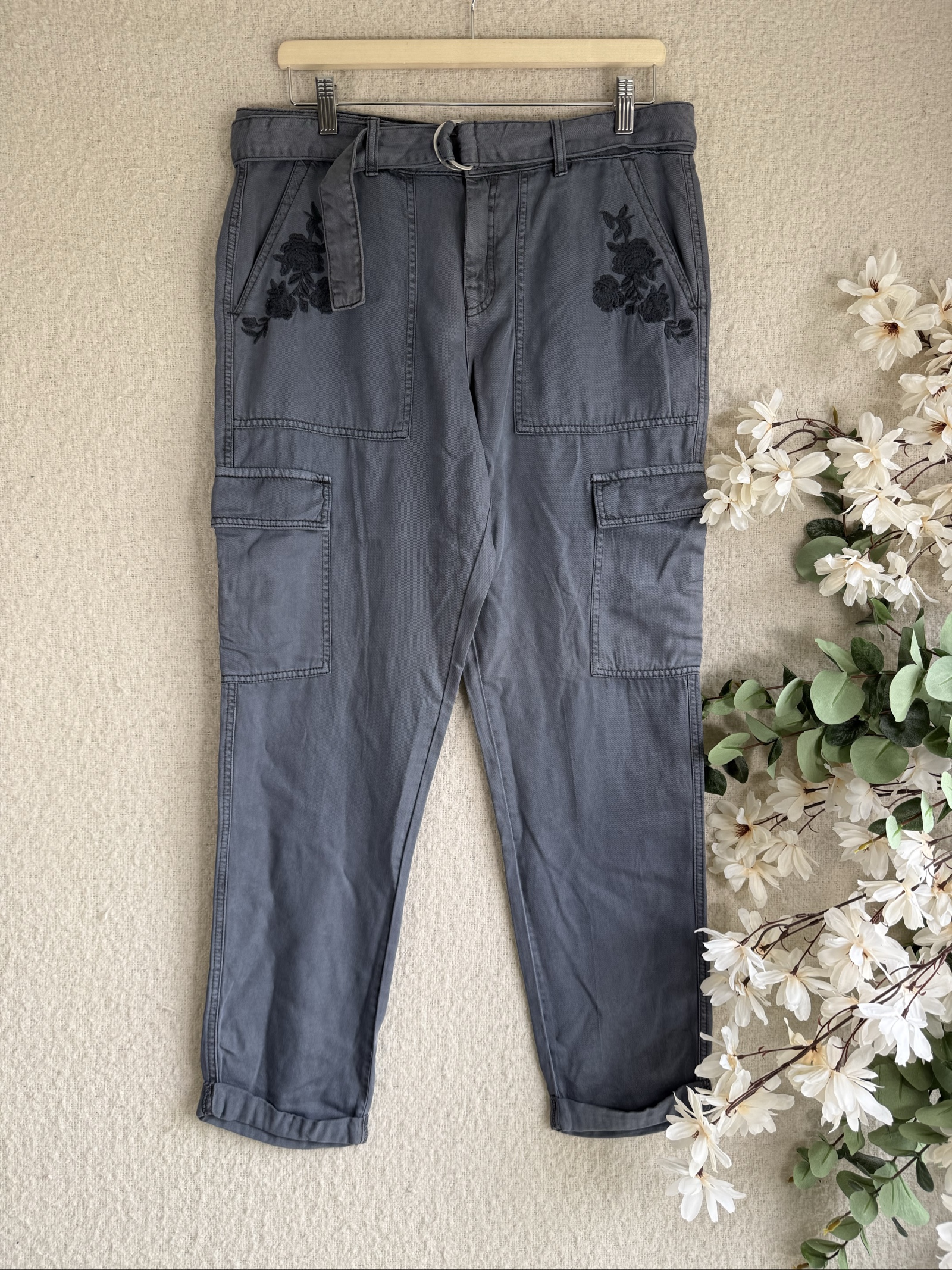 F&F Casual Collection Grey Cargo Belted Cotton Trousers UK 12R Embroidered Pockets