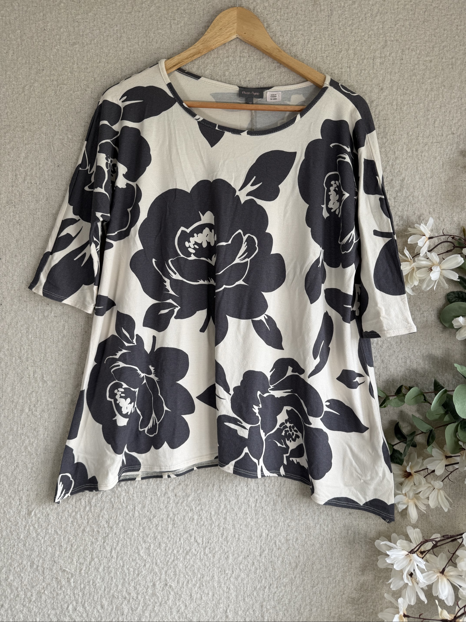 Phase Eight Black & White Floral Print Viscose Relaxed Fit Top UK 12