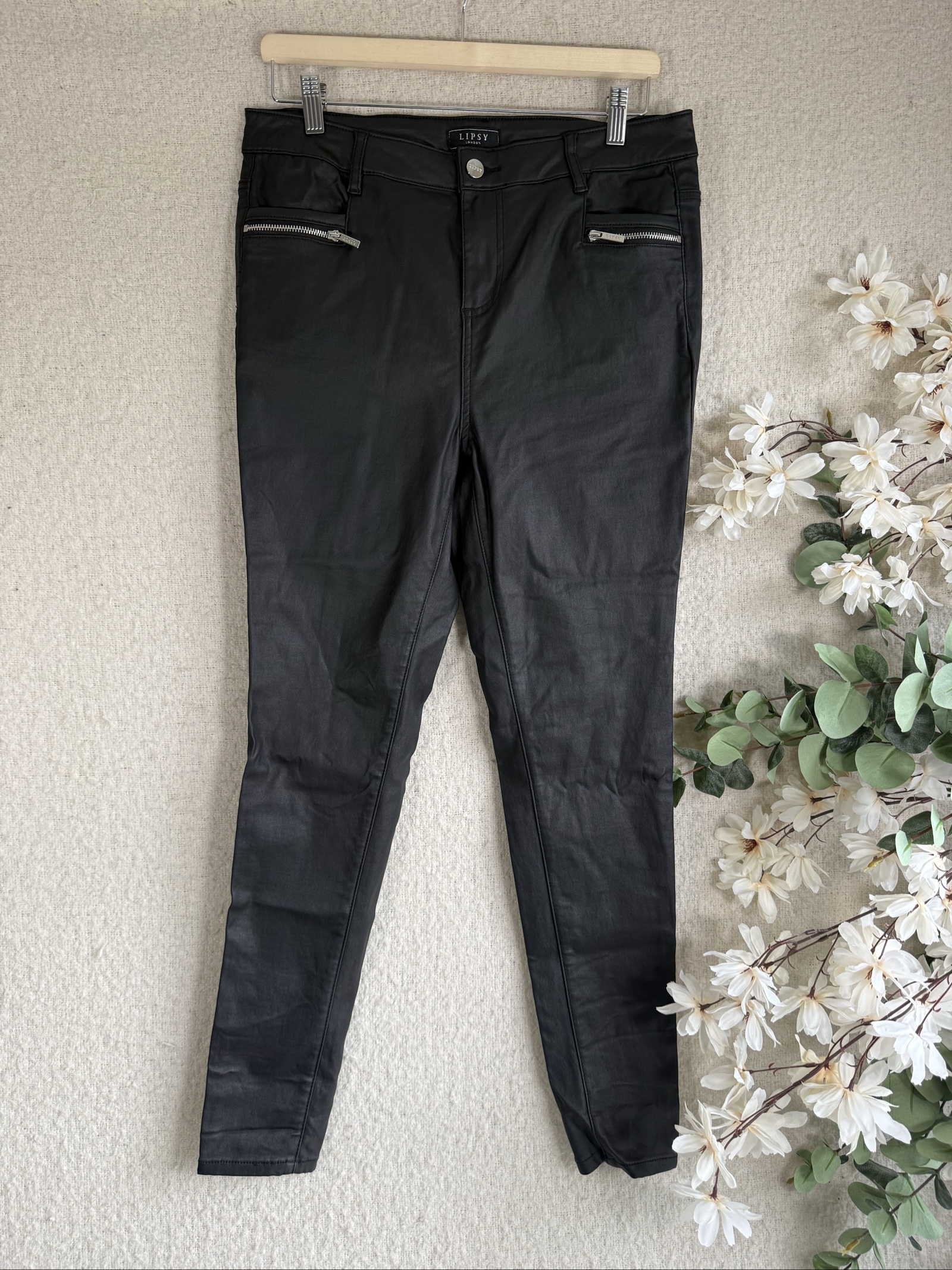 Lipsy Black Faux Leather Skinny Pants UK 14 Silver Zip Detail Stylish