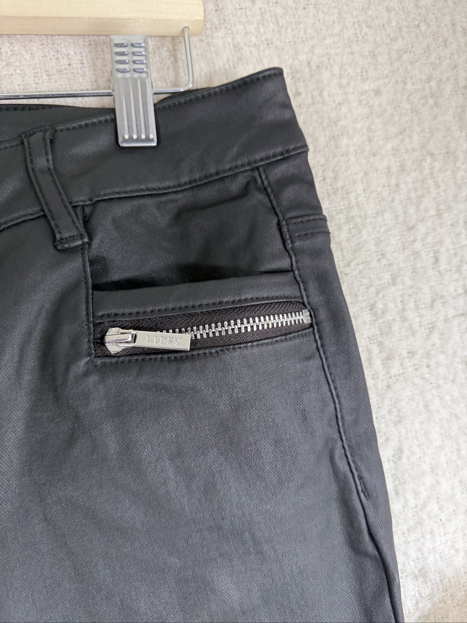 Lipsy Black Faux Leather Skinny Pants UK 14 Silver Zip Detail Stylish image 2