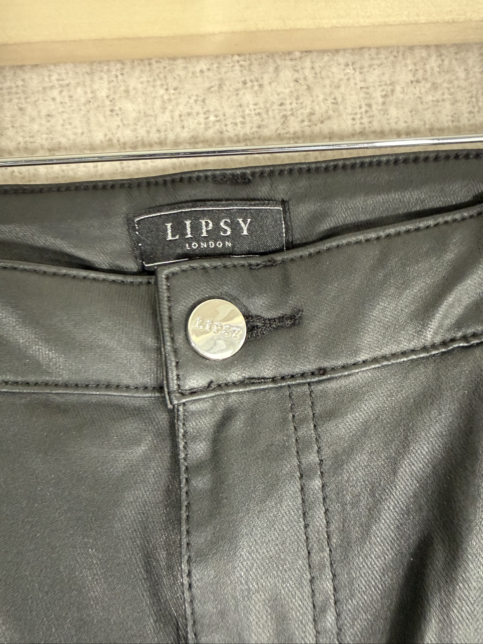 Lipsy Black Faux Leather Skinny Pants UK 14 Silver Zip Detail Stylish image 3