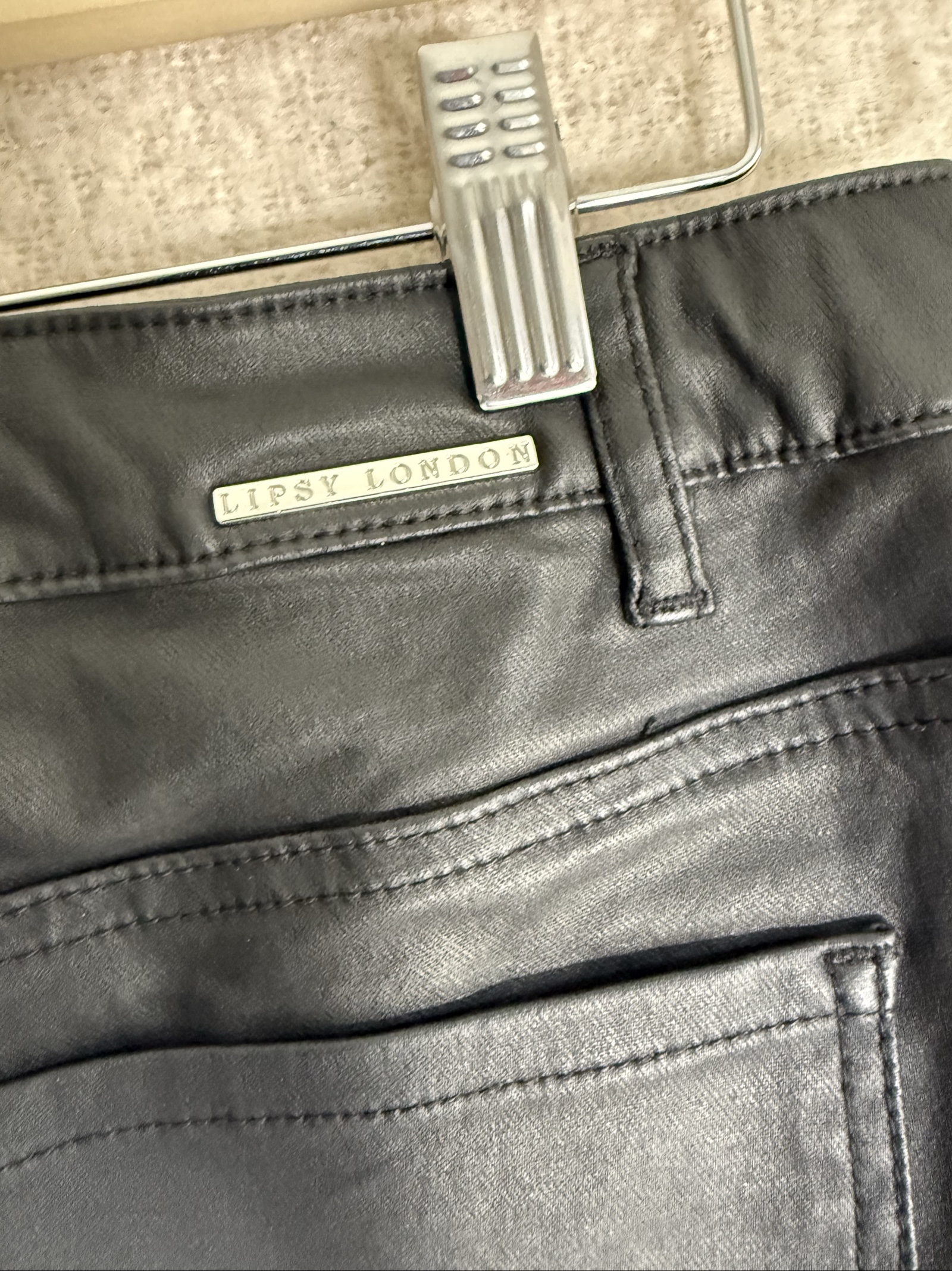 Lipsy Black Faux Leather Skinny Pants UK 14 Silver Zip Detail Stylish image 6