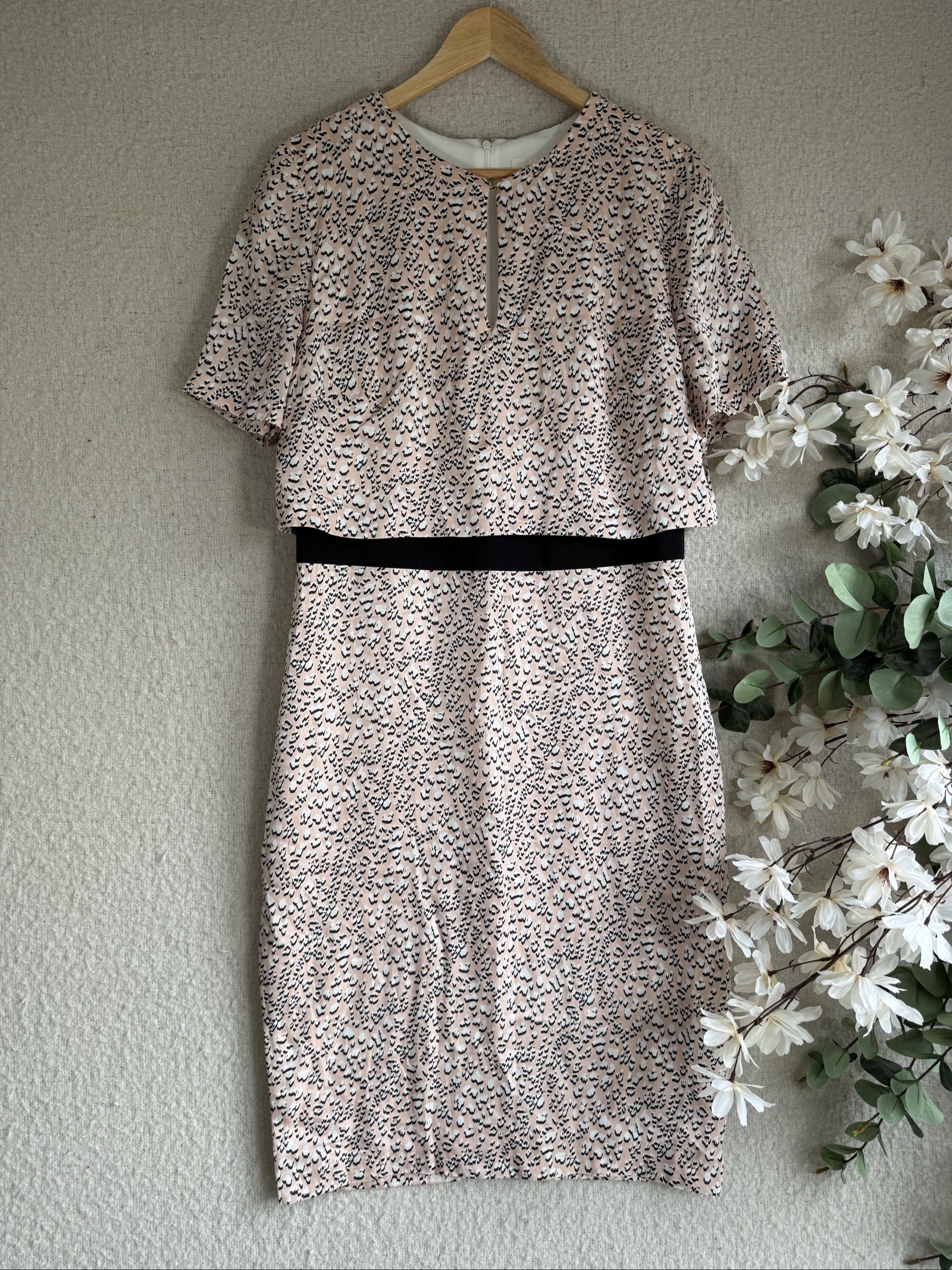 Damsel Pink Animal Print Cotton Blend Pencil Dress UK 16 Elegant Occasion