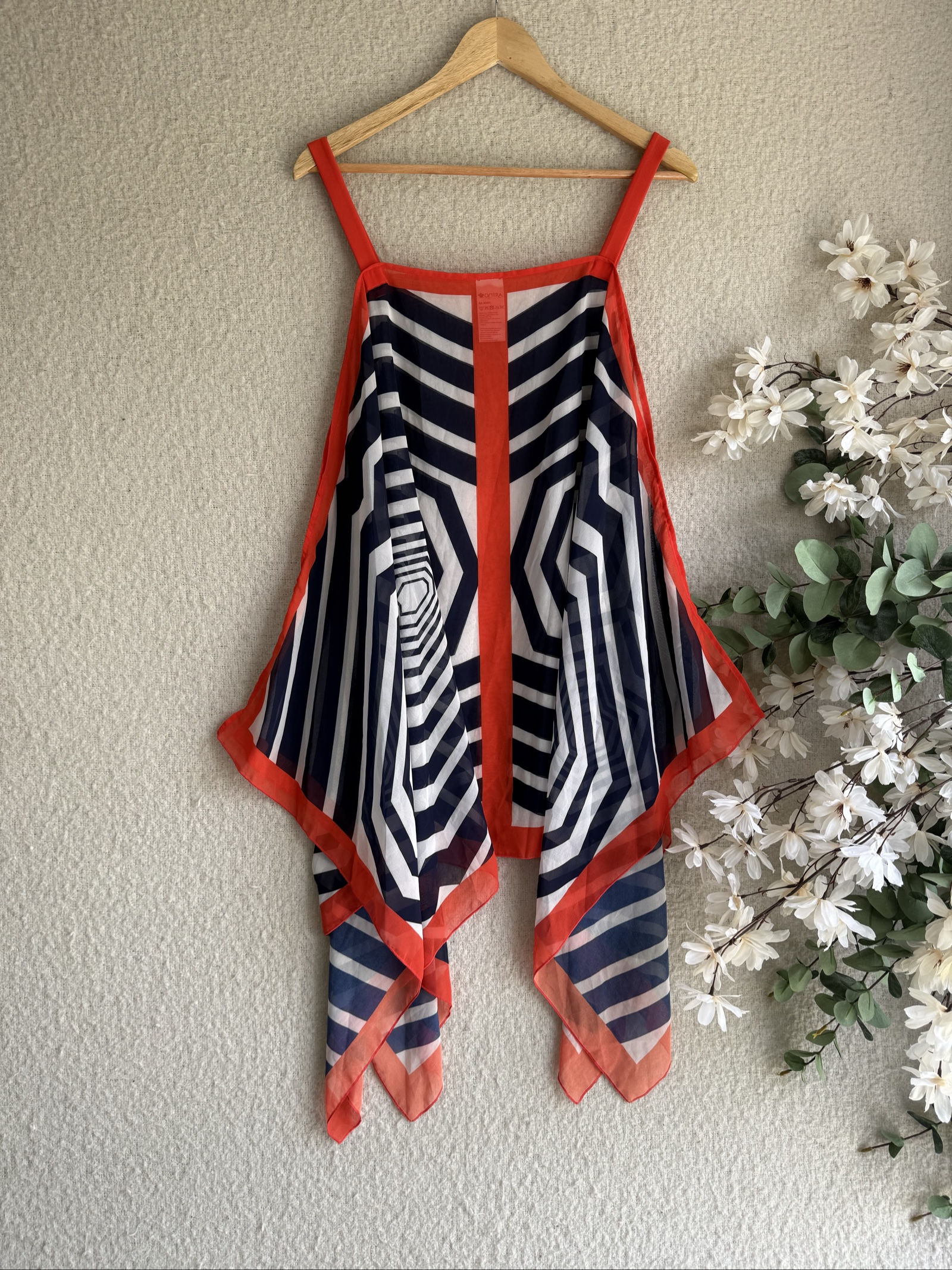 Opera Navy, White & Red Geometric Print Sheer Overlay One Size Summer Top