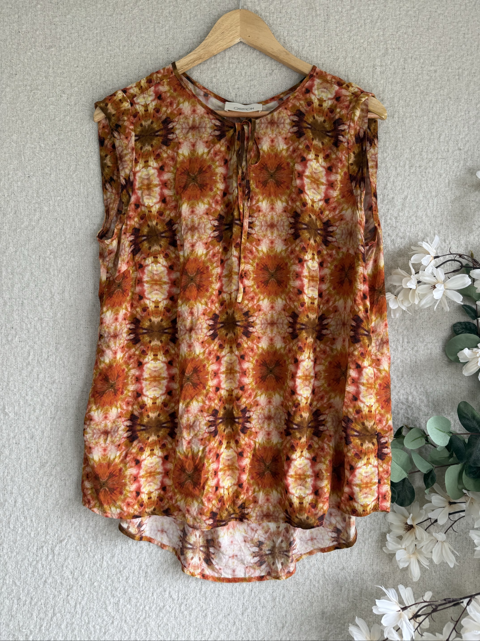 Cartoon Orange Multi Floral Cotton Sleeveless Blouse UK 14 Summer Casual Top