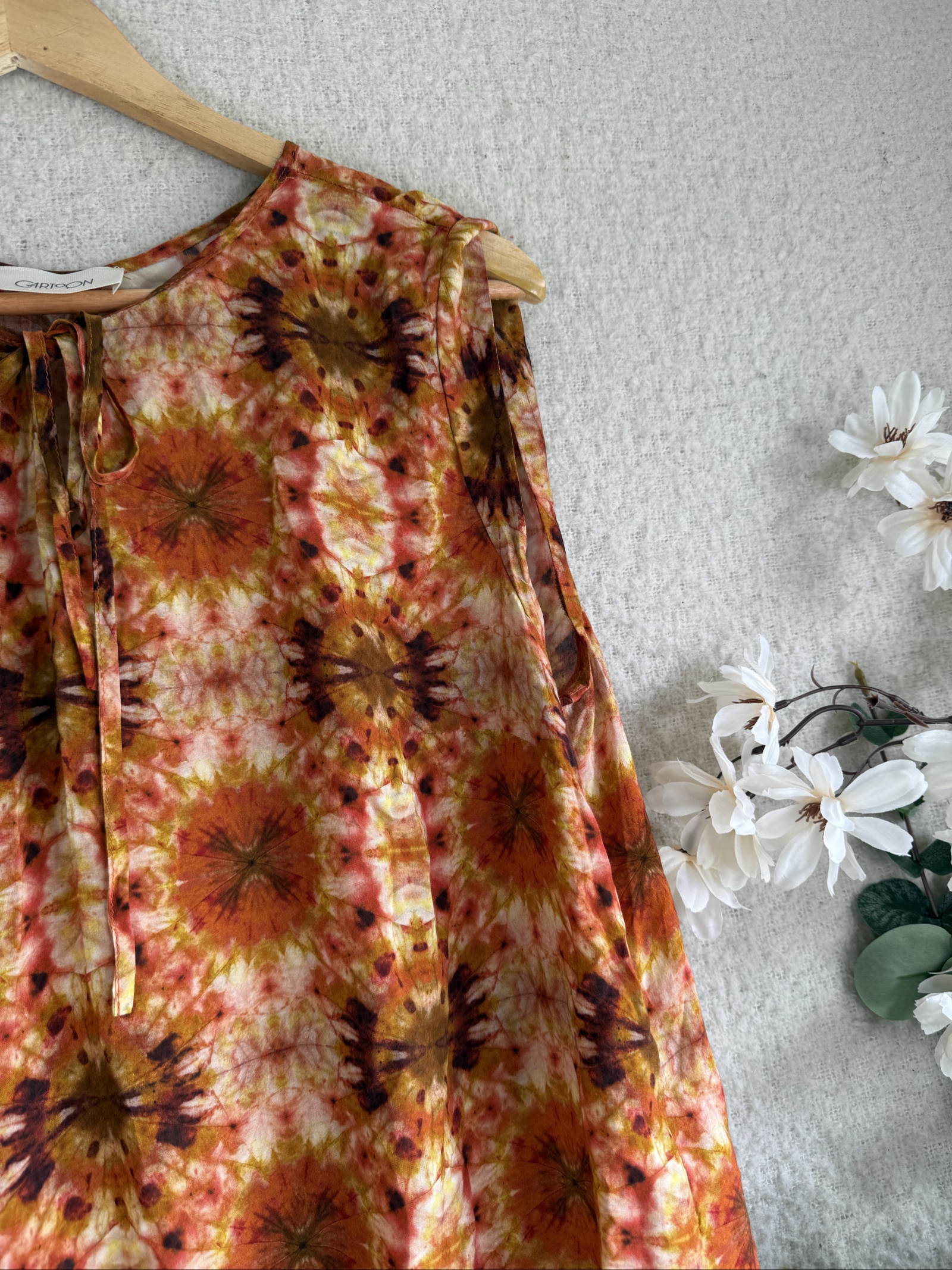 Cartoon Orange Multi Floral Cotton Sleeveless Blouse UK 14 Summer Casual Top image 3
