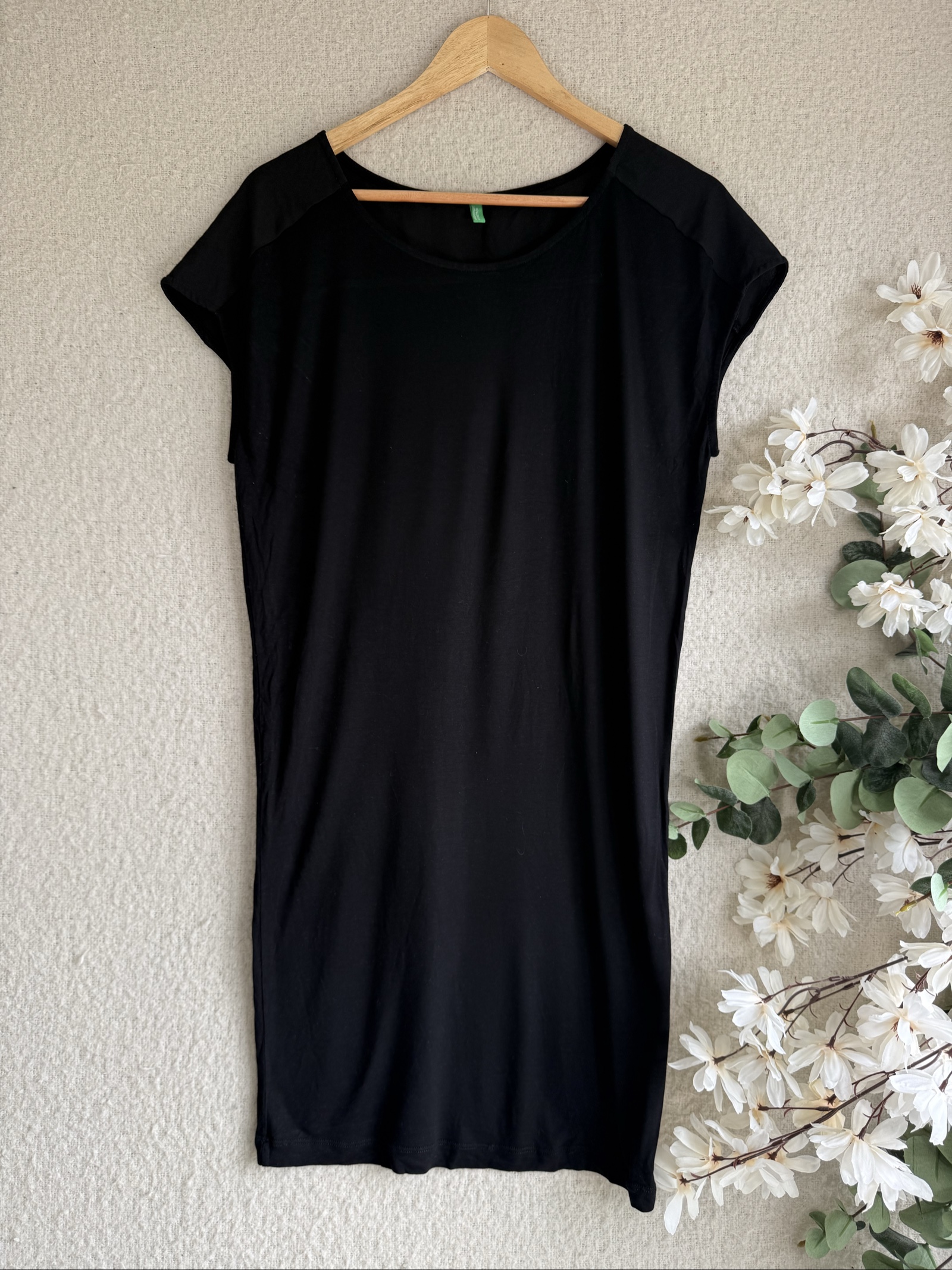Benetton Black Cotton Dress Medium Classic Simple Casual Fit Women