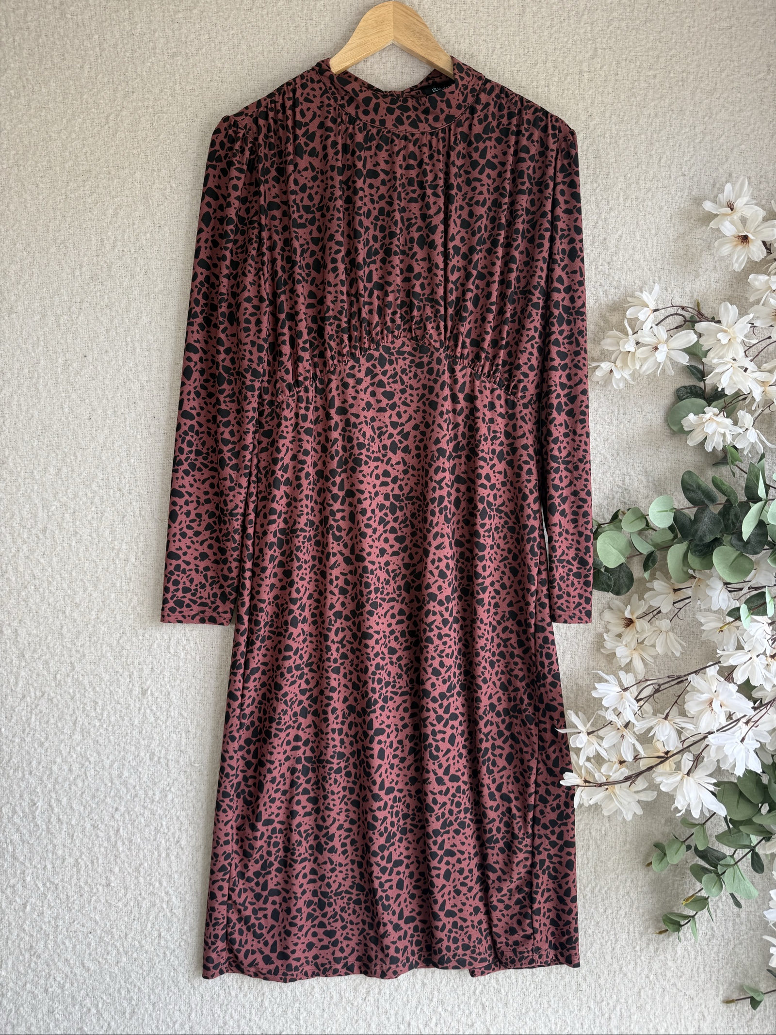 Blue Vanilla Black & Brown Printed Long Sleeve Midaxi Dress UK 14 Elegant Retro