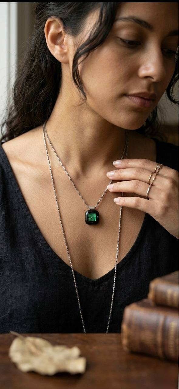 Vintage Emerald green dichroic fused glass pendant on a long sterling silver chain#138 image 8