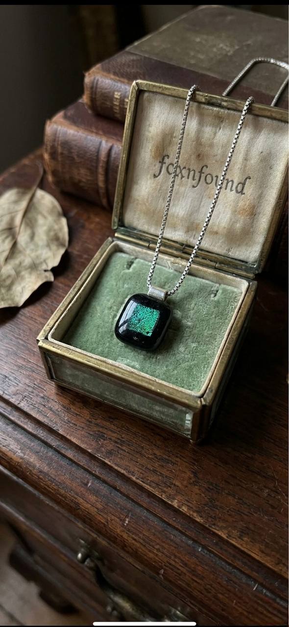 Vintage Emerald green dichroic fused glass pendant on a long sterling silver chain#138 image 9