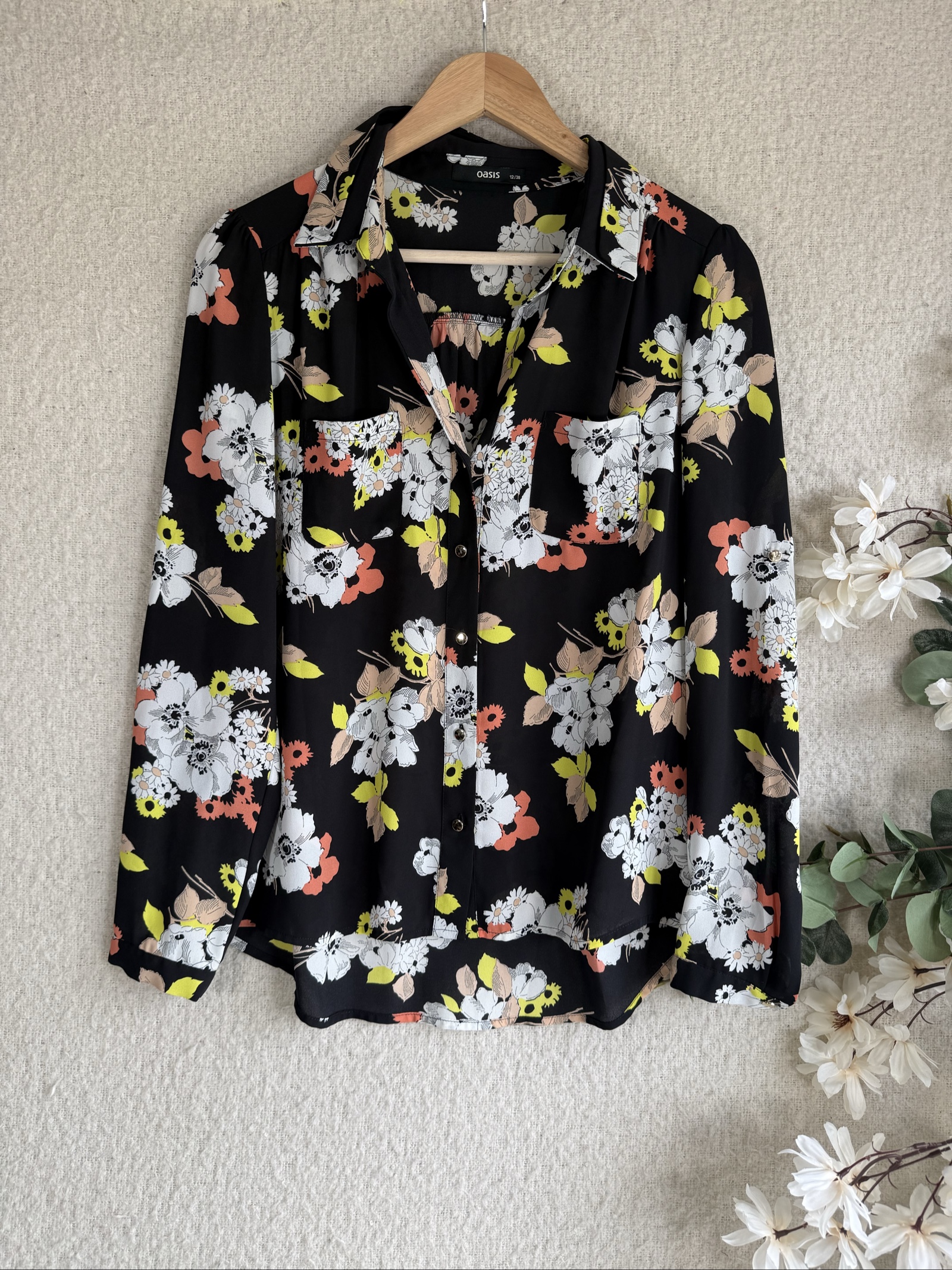 Oasis Black Floral Print Chiffon Shirt Blouse UK 12 Sheer Lightweight