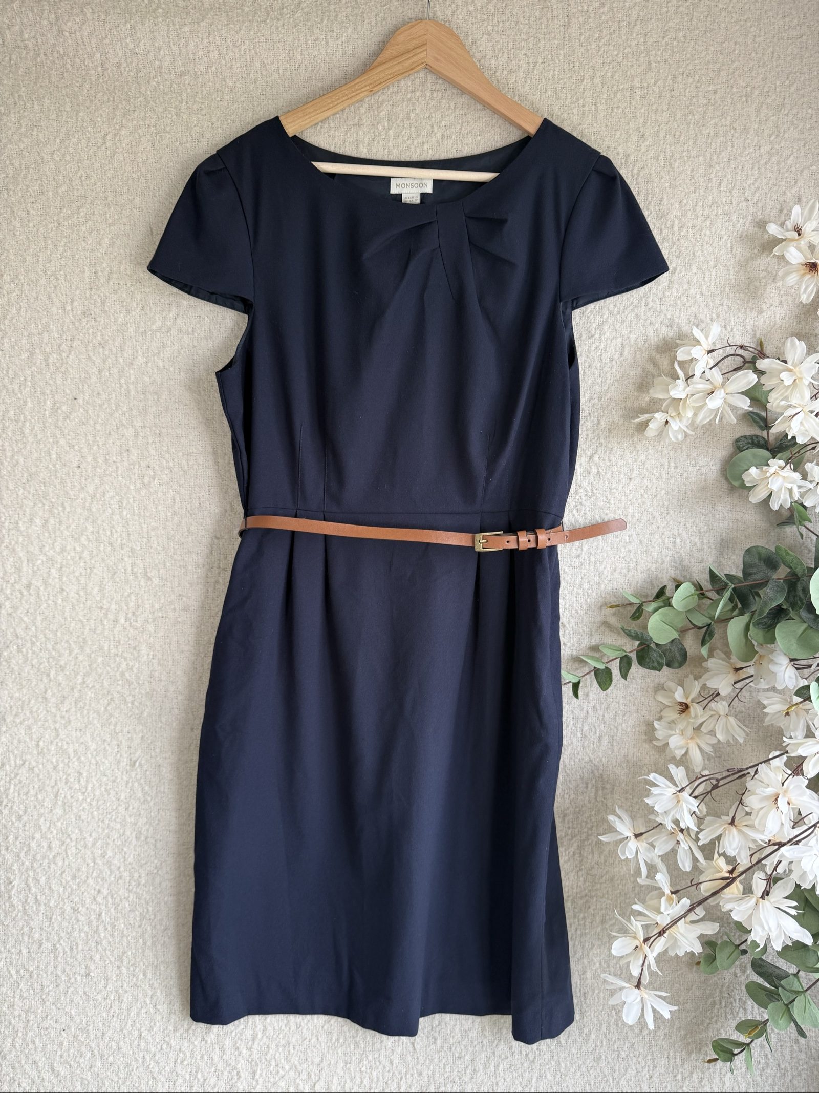 Monsoon Navy Blue Work Dress UK 12 With Brown Belt Elegant Formal