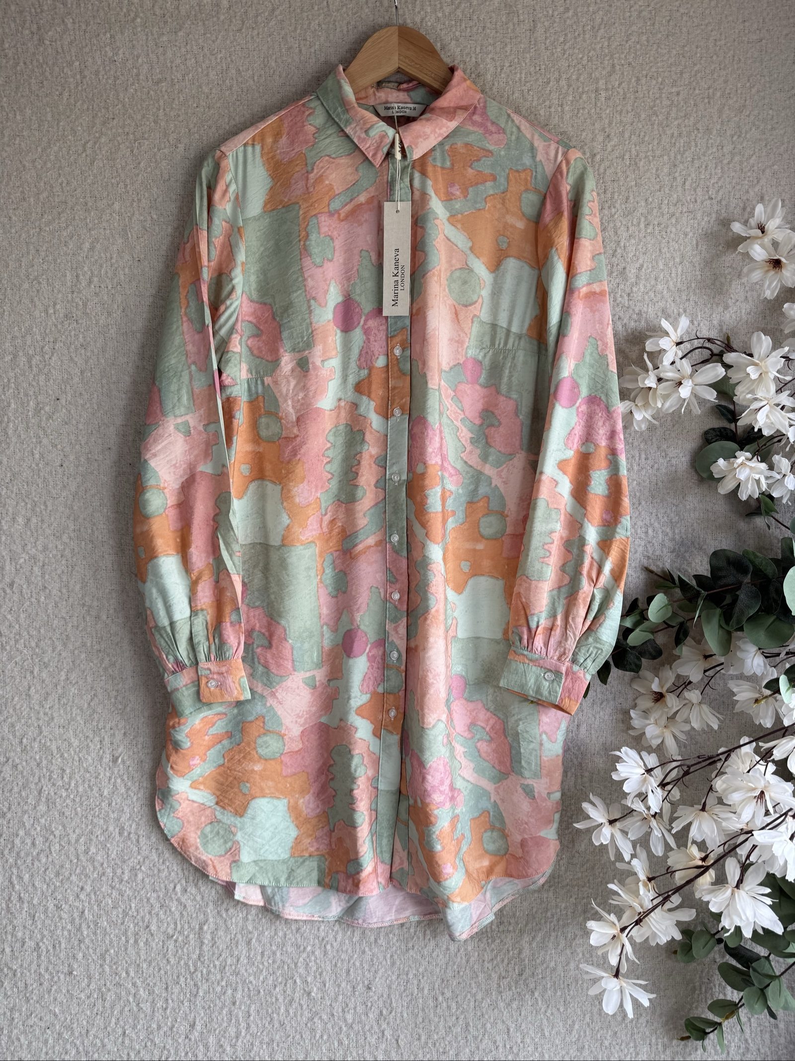 Marina Kaneva Pastel Print Long Sleeve Button Shirt Dress UK 14 Soft Polyester