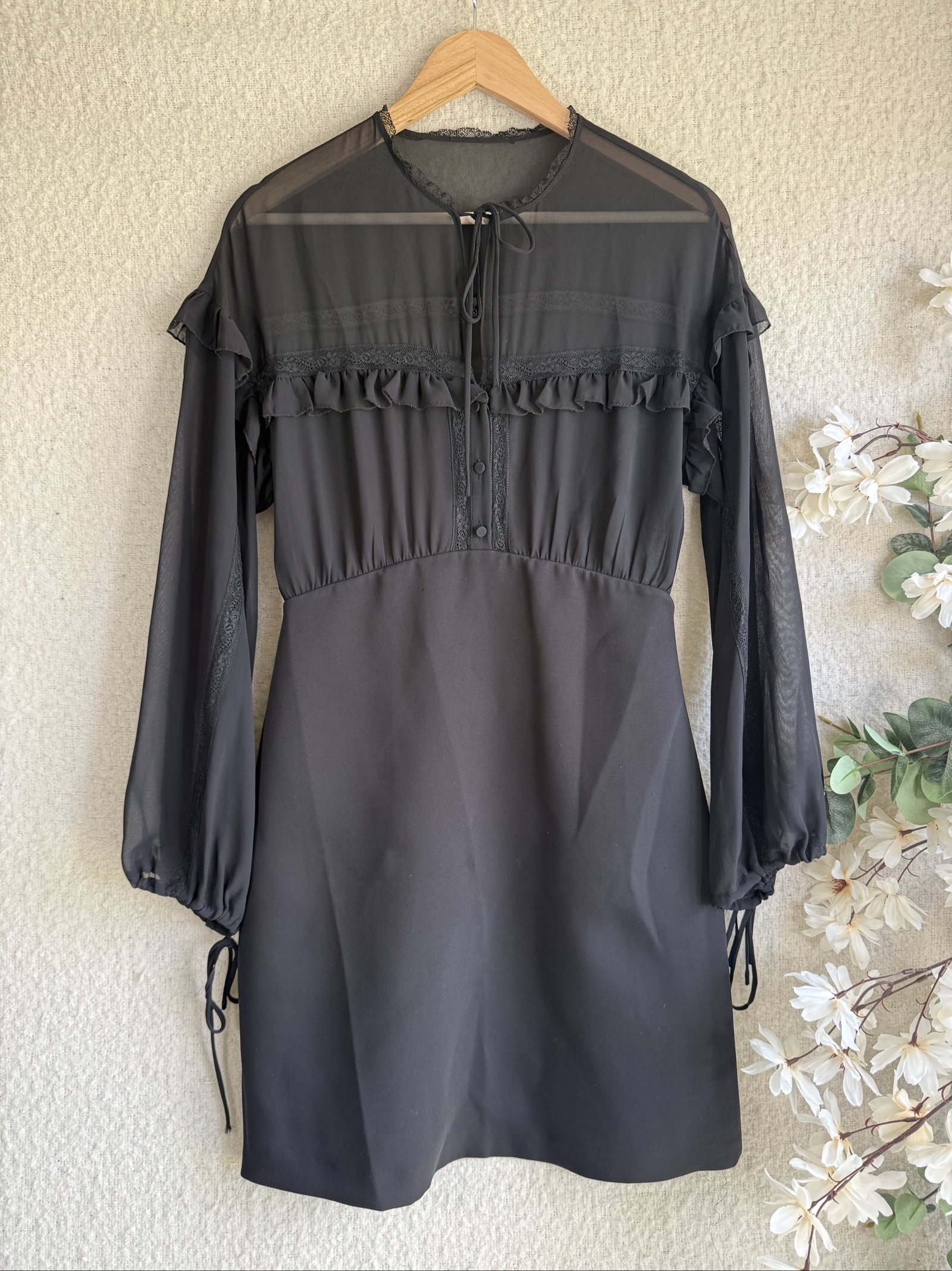 Black Polyester Sheer Sleeve Lace Trim Ruffle Mini Dress UK M Elegant Chic