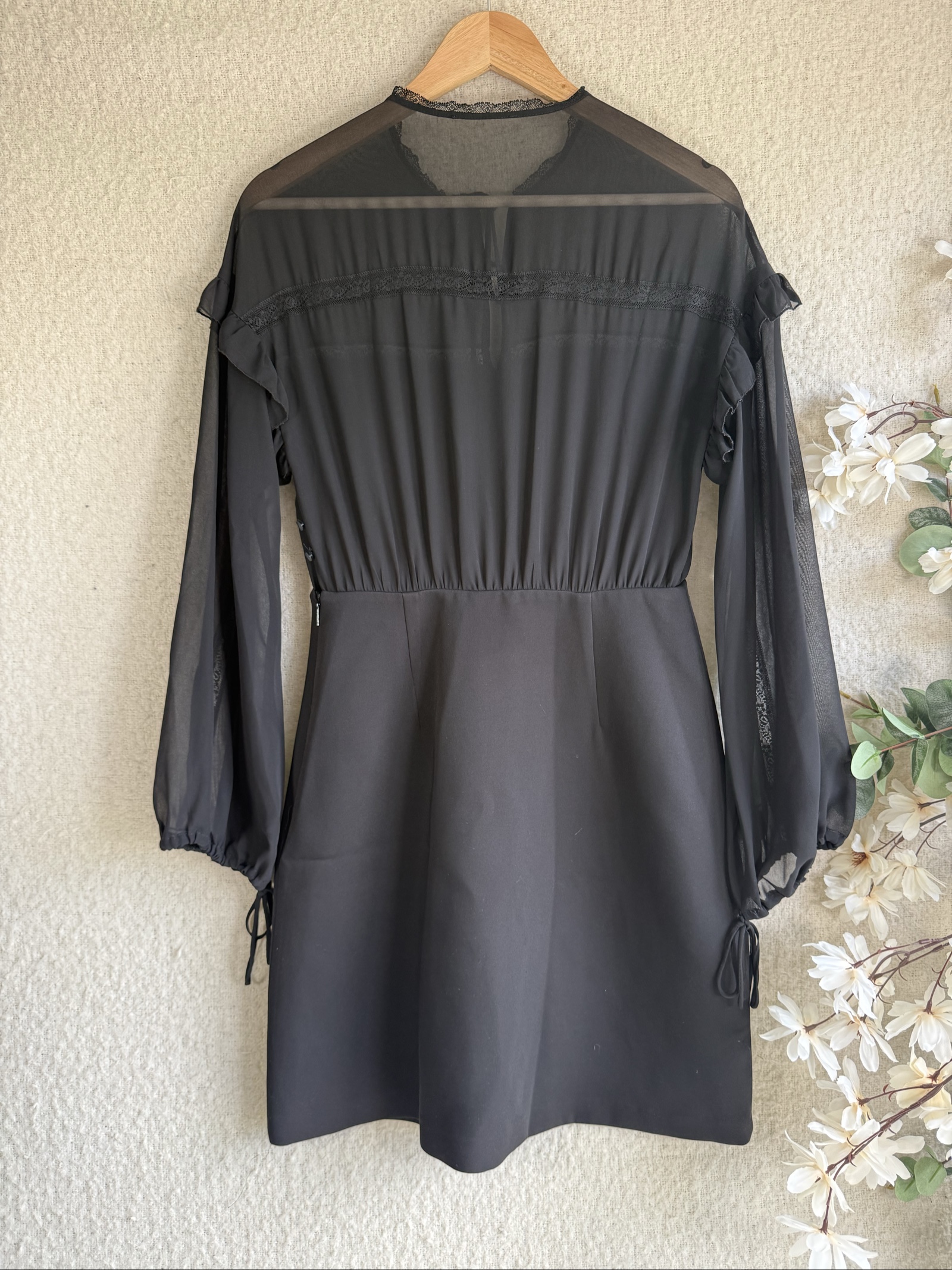 Black Polyester Sheer Sleeve Lace Trim Ruffle Mini Dress UK M Elegant Chic image 4