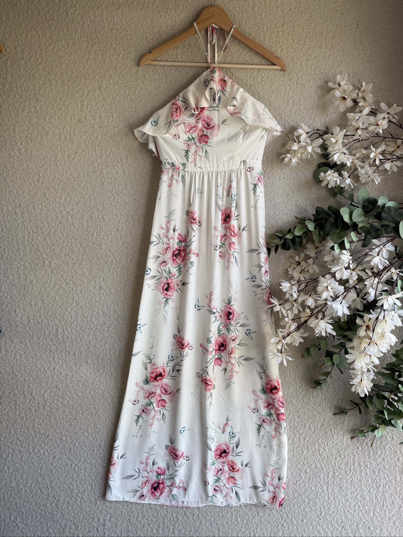 Monsoon Pink Floral Print Maxi Dress UK 8 Halterneck Summer Occasion Maxi