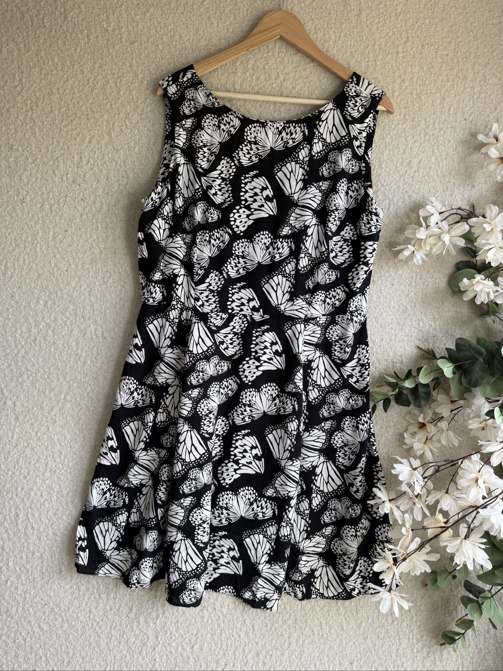 Wallis Black & White Butterfly Print Sleeveless Dress UK 16 Cotton Summer