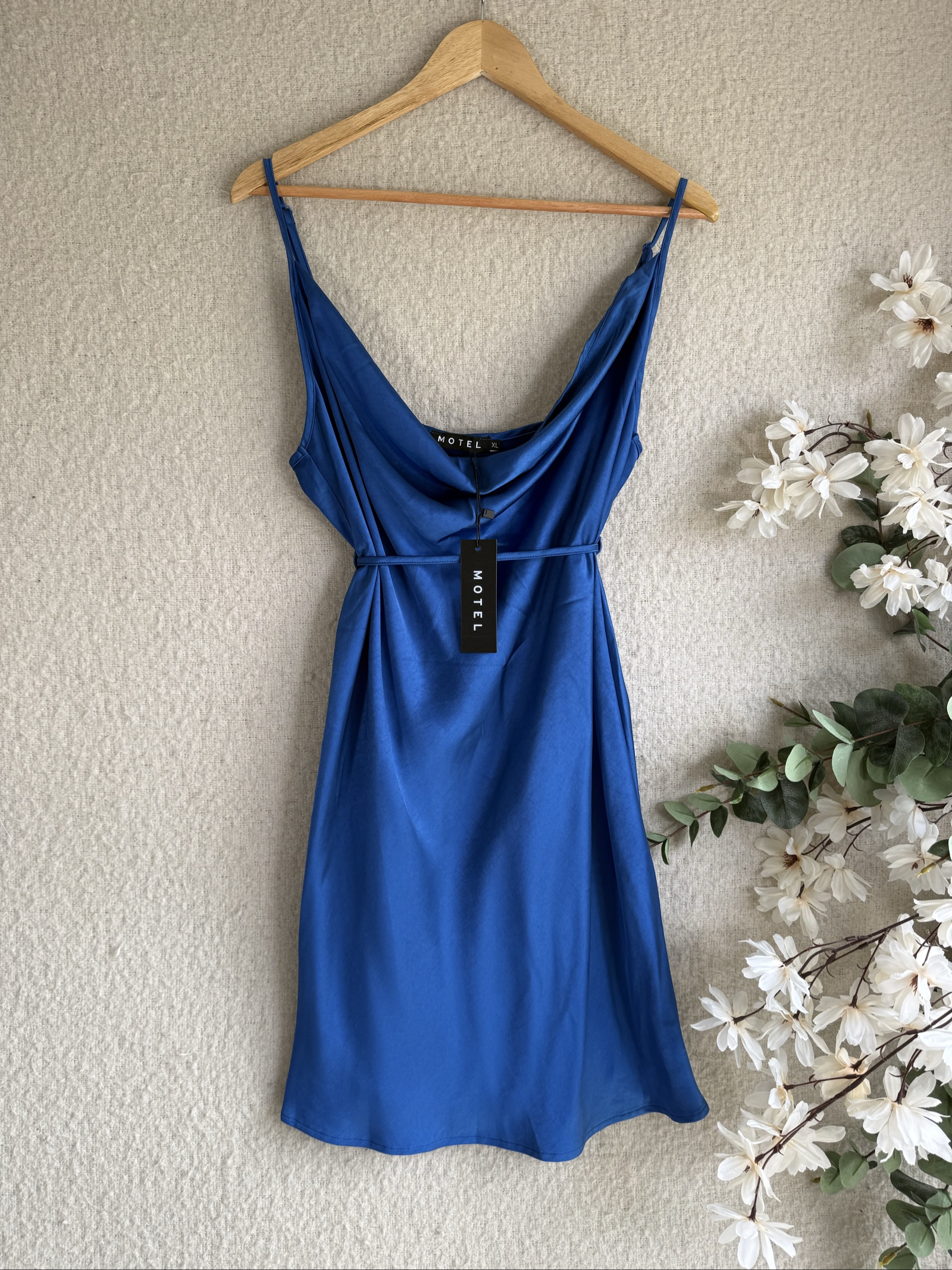 Motel Royal Blue Satin Slip Dress UK XL Cowl Neck Elegant Summer Party