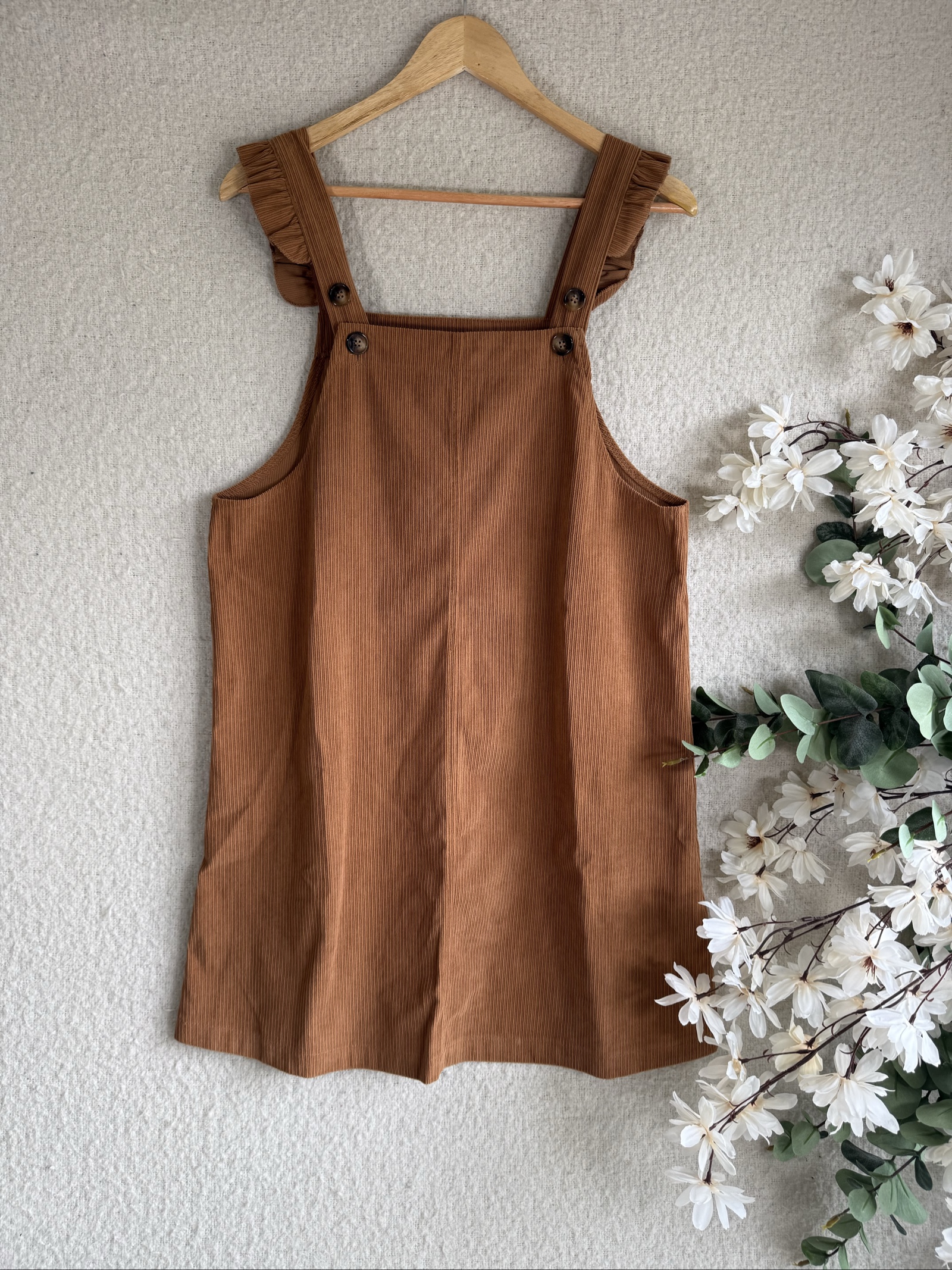 Shein Brown Corduroy Pinafore Dress UK 12 Ruffle Straps Casual
