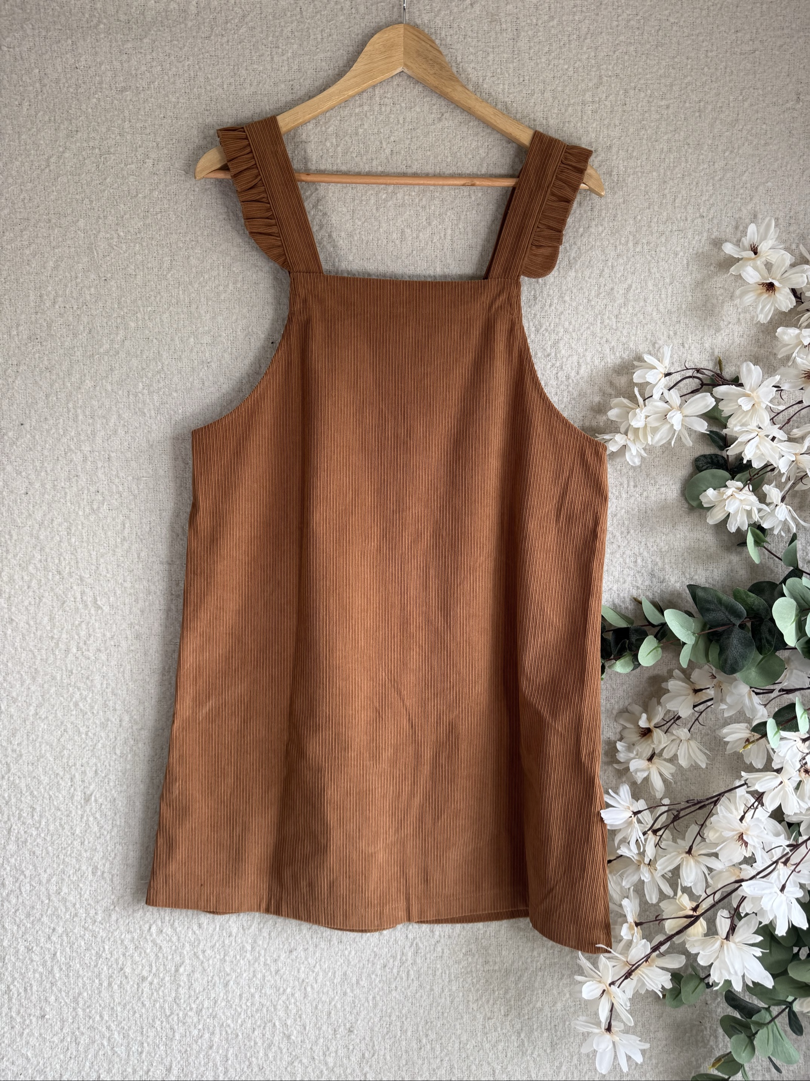 Shein Brown Corduroy Pinafore Dress UK 12 Ruffle Straps Casual image 4