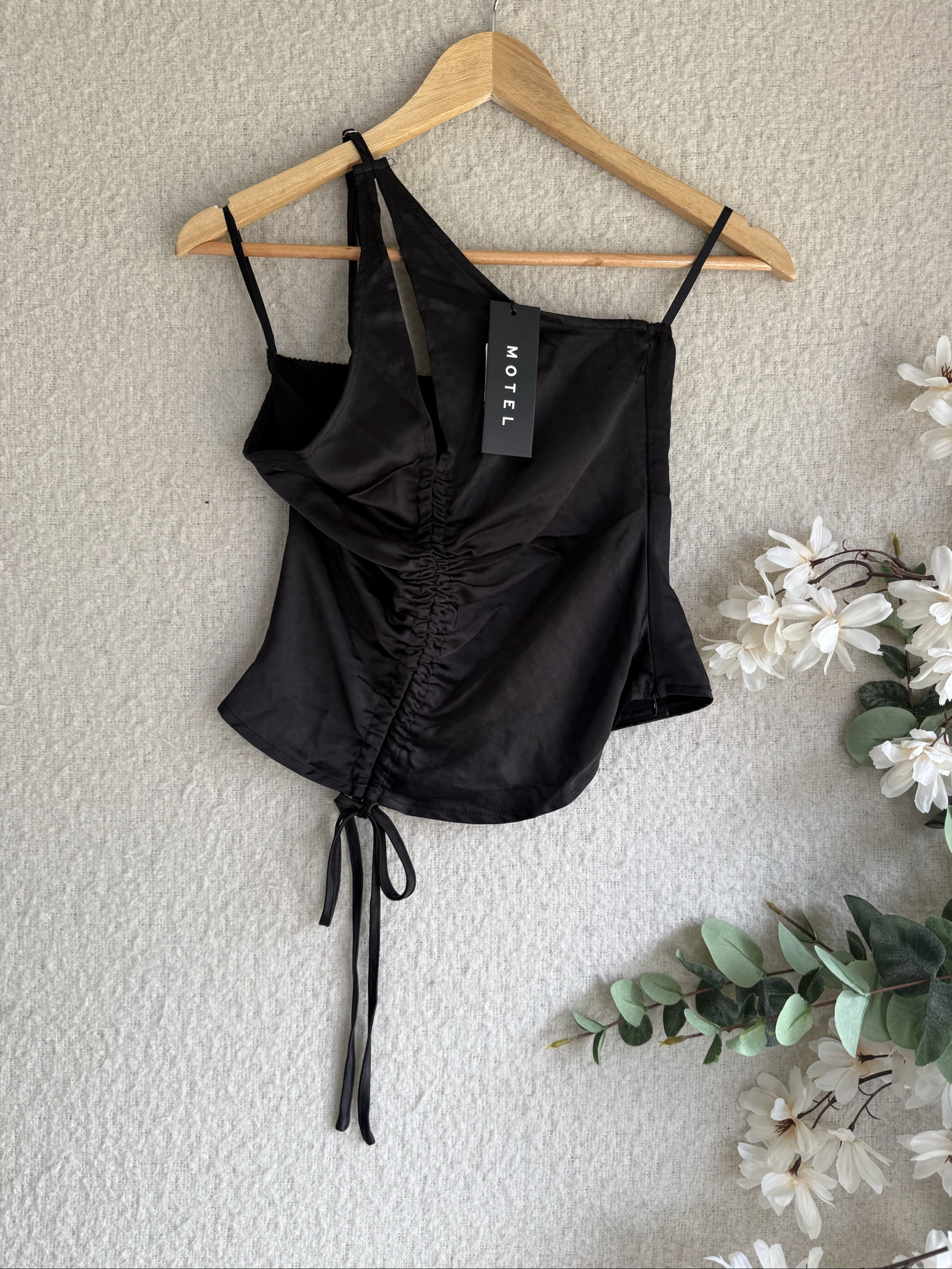 Motel Black Satin Ruched Drawstring Strappy Top UK XS Elegant Chic