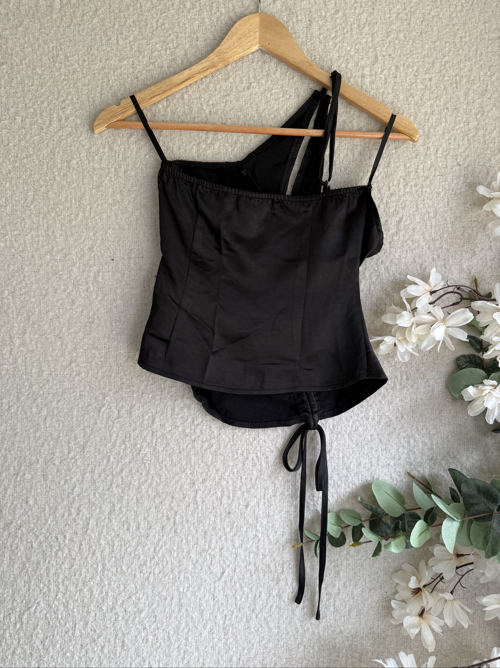 Motel Black Satin Ruched Drawstring Strappy Top UK XS Elegant Chic image 4