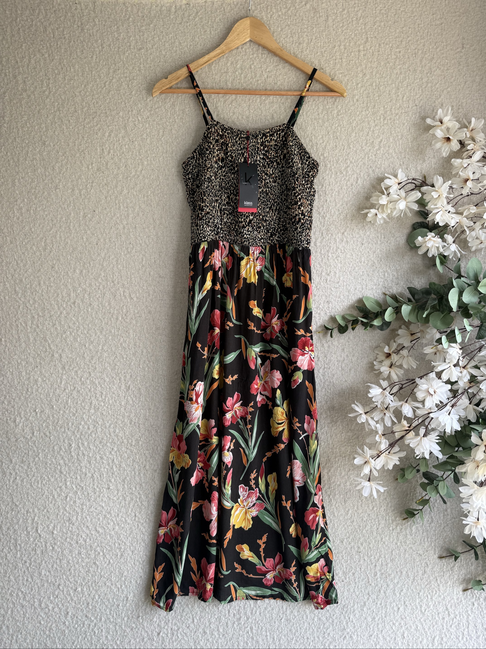 Klass Black Floral Viscose Maxi Dress UK 12 Spaghetti Straps Summer Occasion