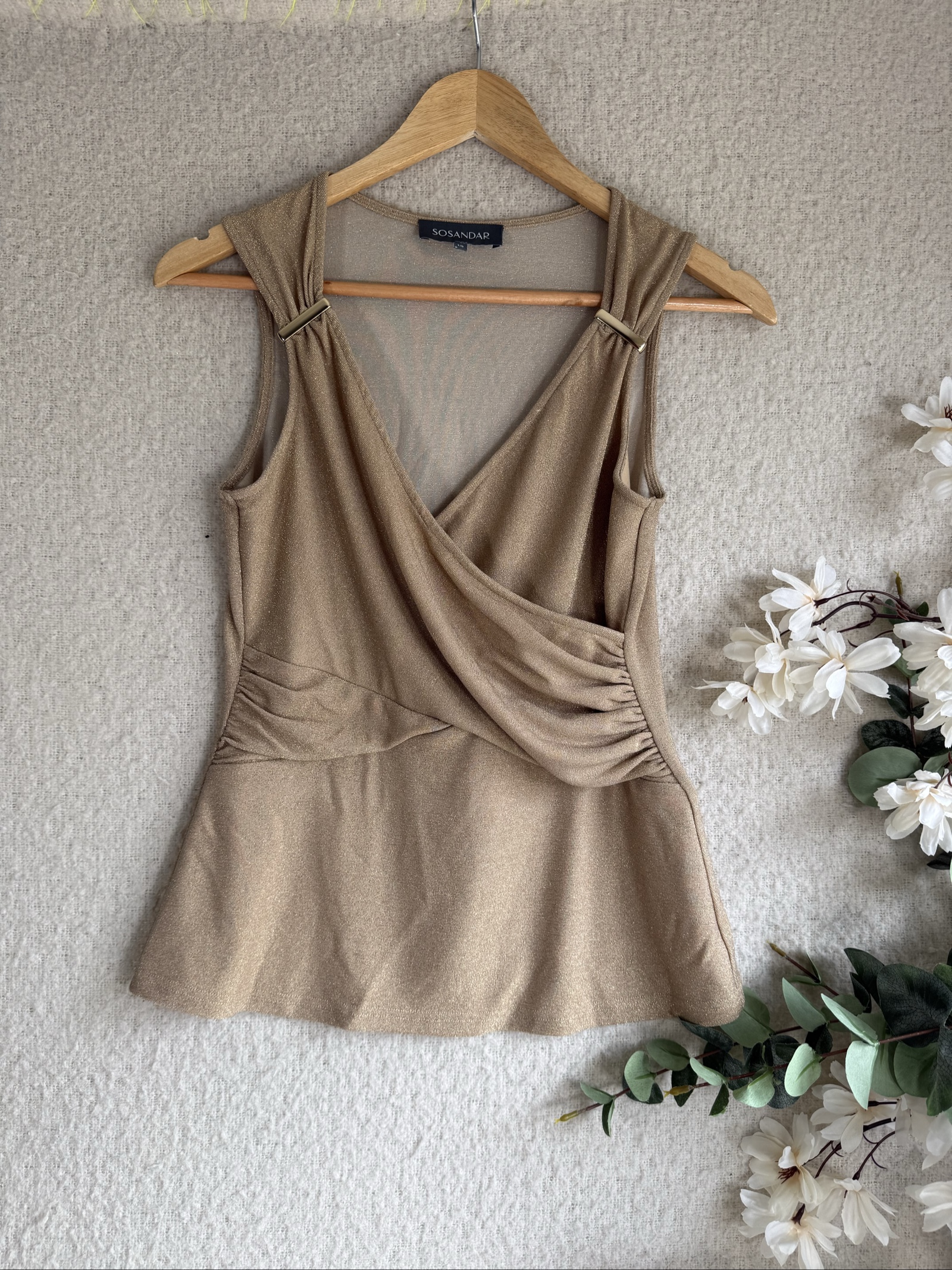 Sosandar Beige Glitter Overlay Sleeveless Top UK 10 Elegant Occasion Wear
