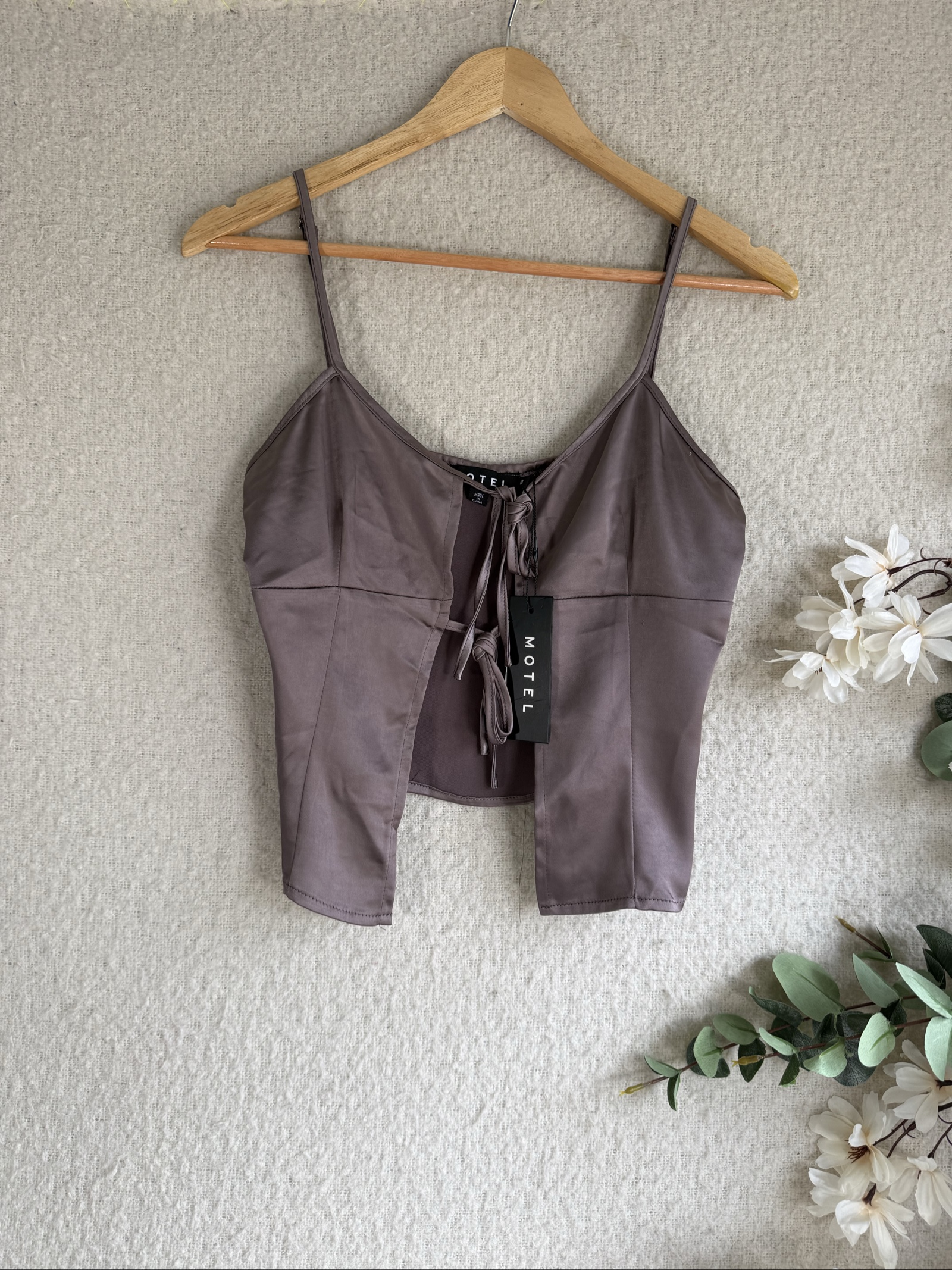 Motel Dusky Purple Satin Lace Up Cropped Camisole Top UK Medium