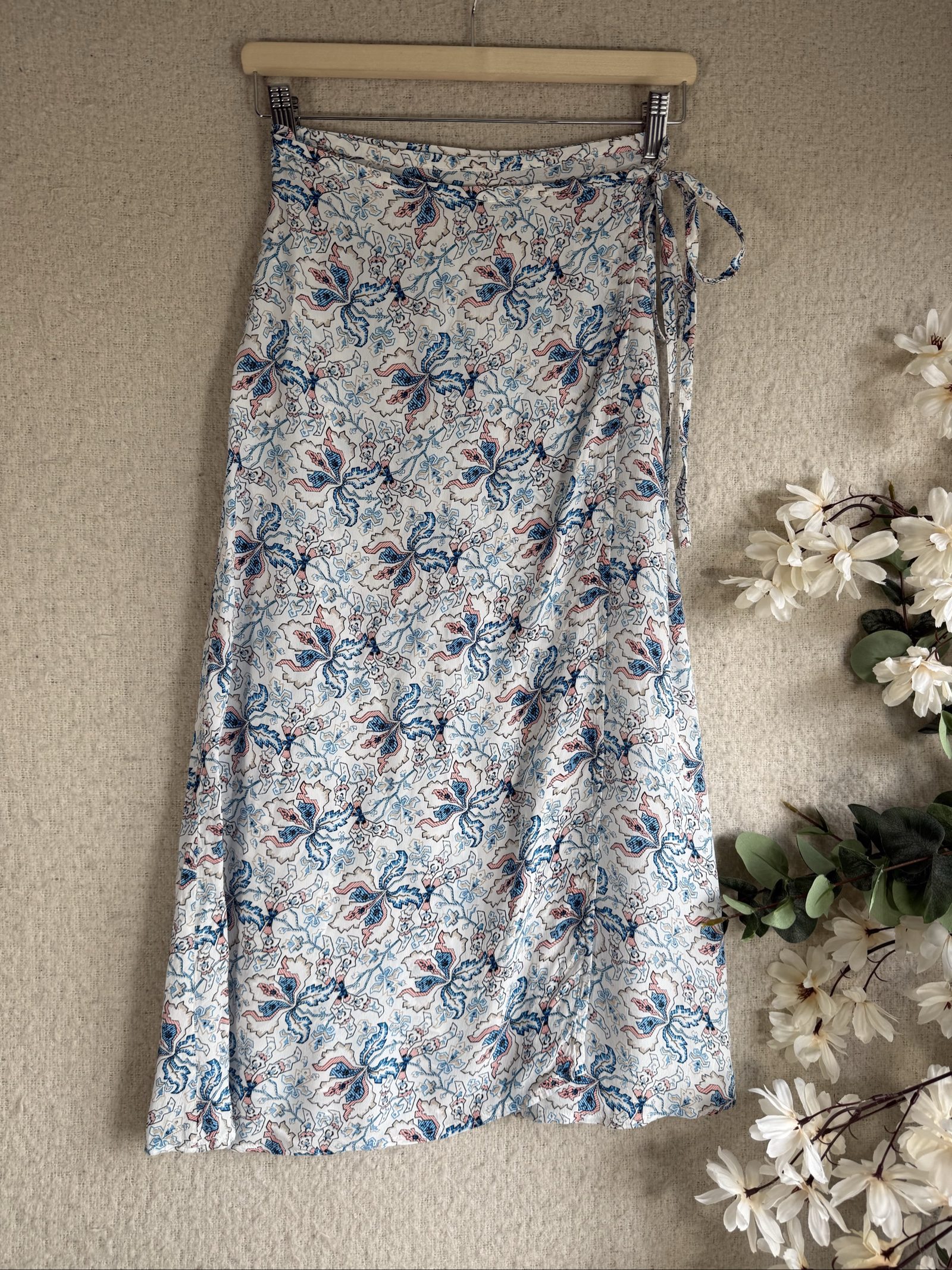 Per Una Blue & Pink Floral Cotton Wrap Skirt UK 8 Petite Summer Casual