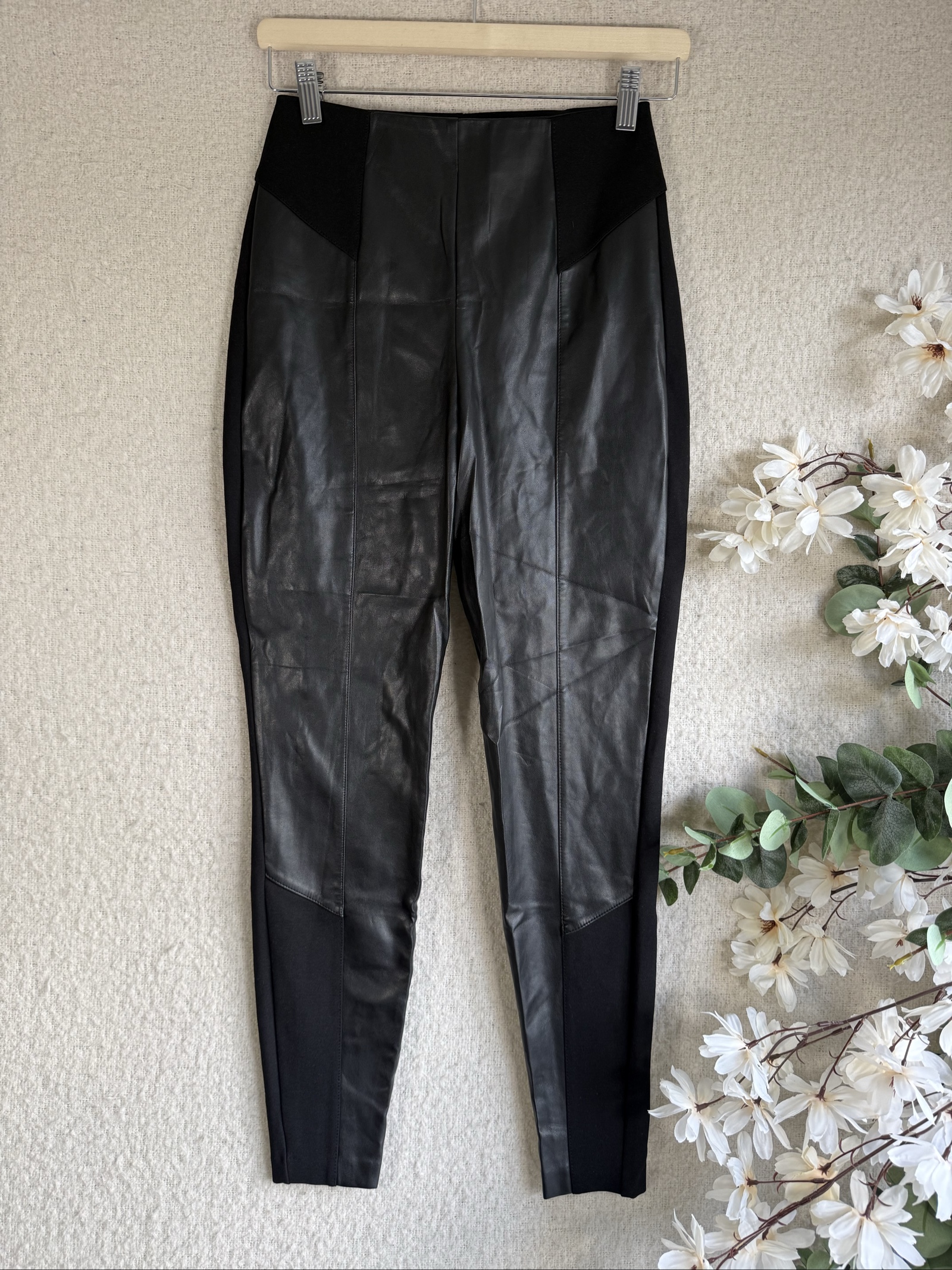 River Island Black Faux Leather Panelled Leggings UK 8 Stylish Slim Fit