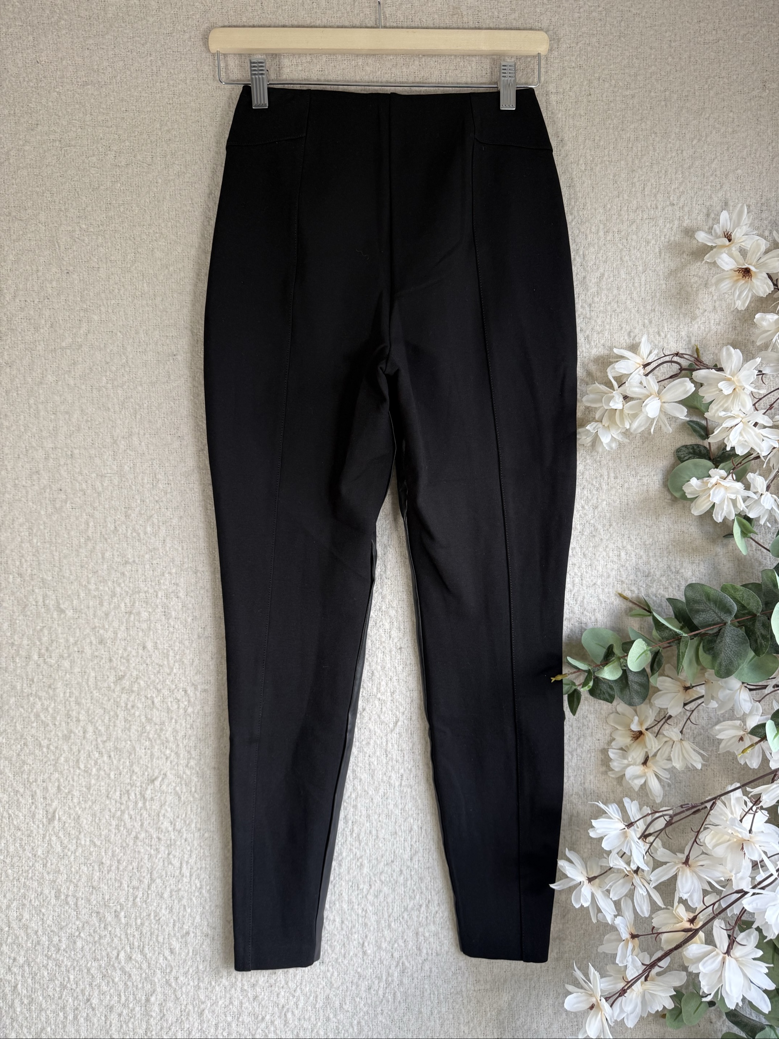 River Island Black Faux Leather Panelled Leggings UK 8 Stylish Slim Fit image 4