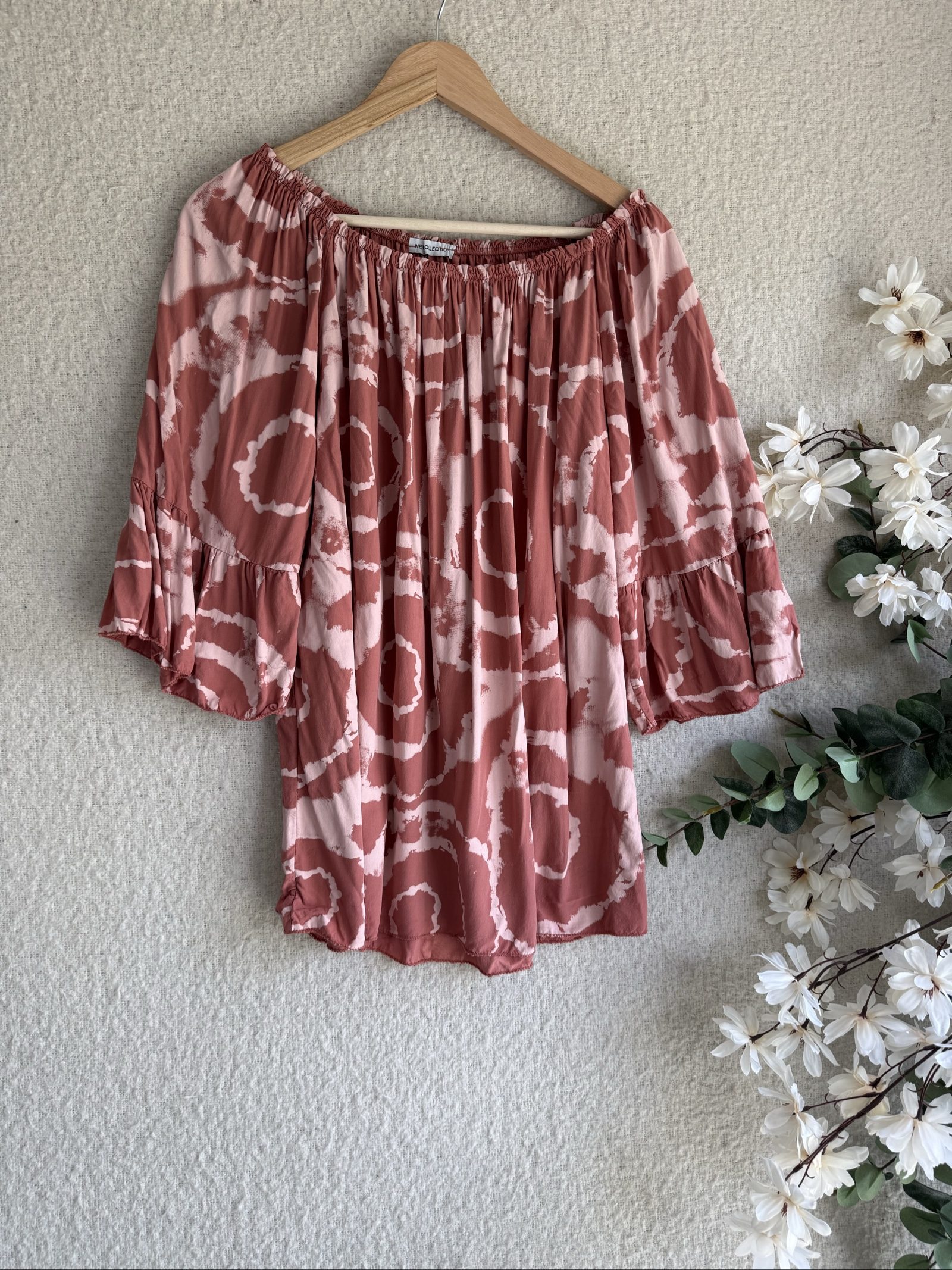 New Collection Pink & Rust Viscose Boho Off Shoulder Blouse UK One Size Chic