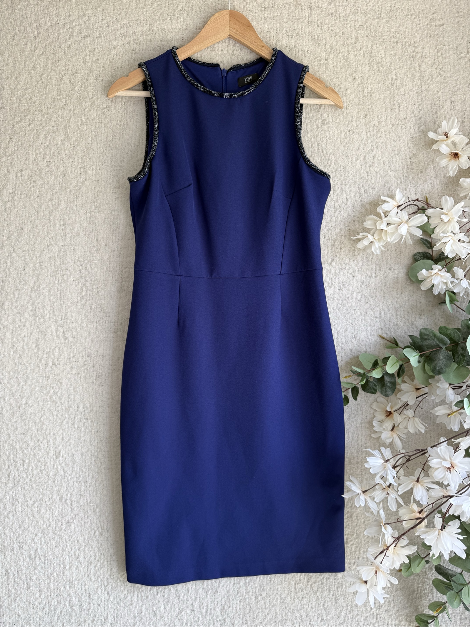 F&F Navy Blue Beaded Trim Sleeveless Pencil Dress UK 10 Elegant Classic