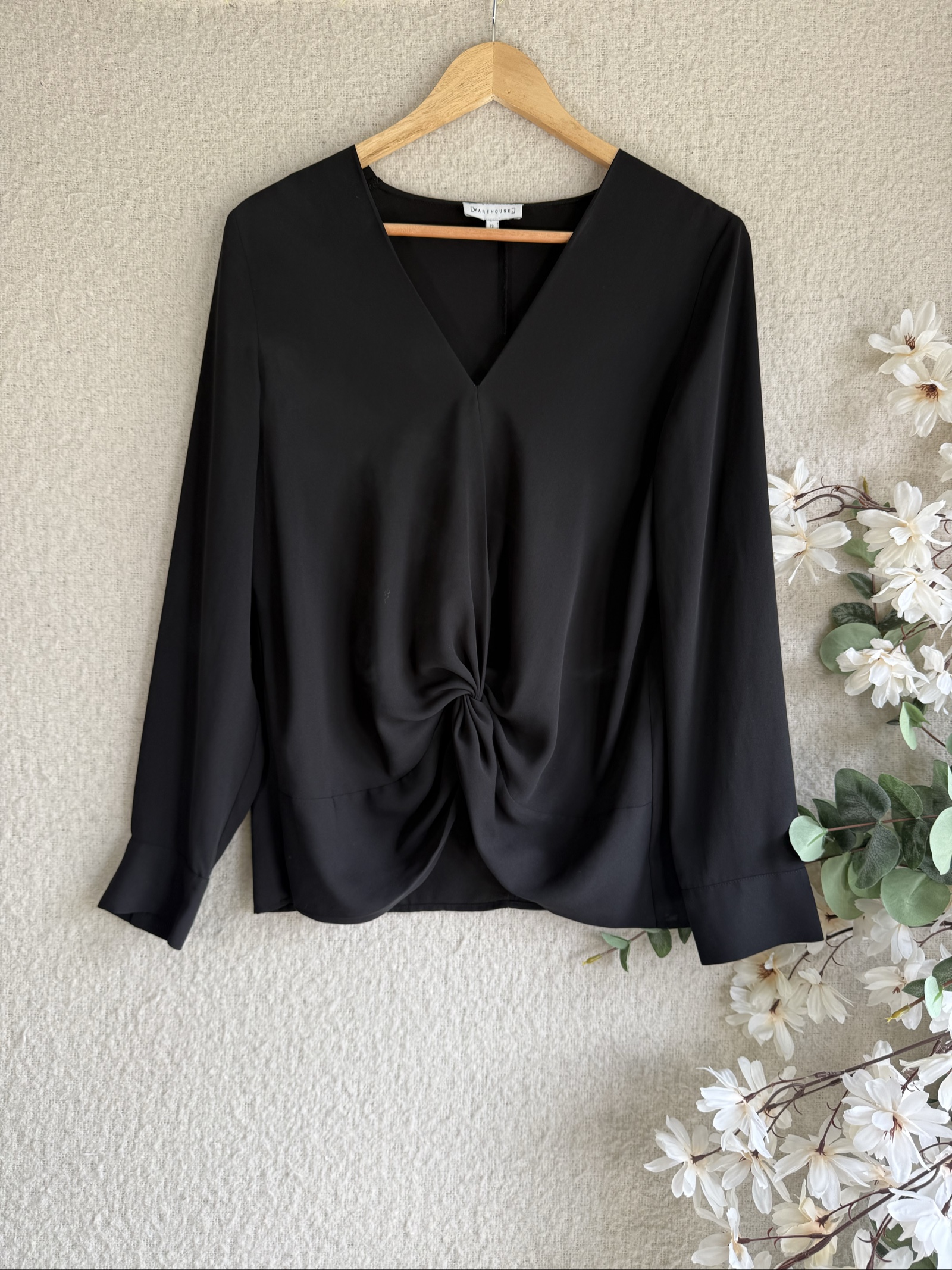 Warehouse Black Twist Front V-Neck Top UK 12 Elegant Long Sleeve Blouse