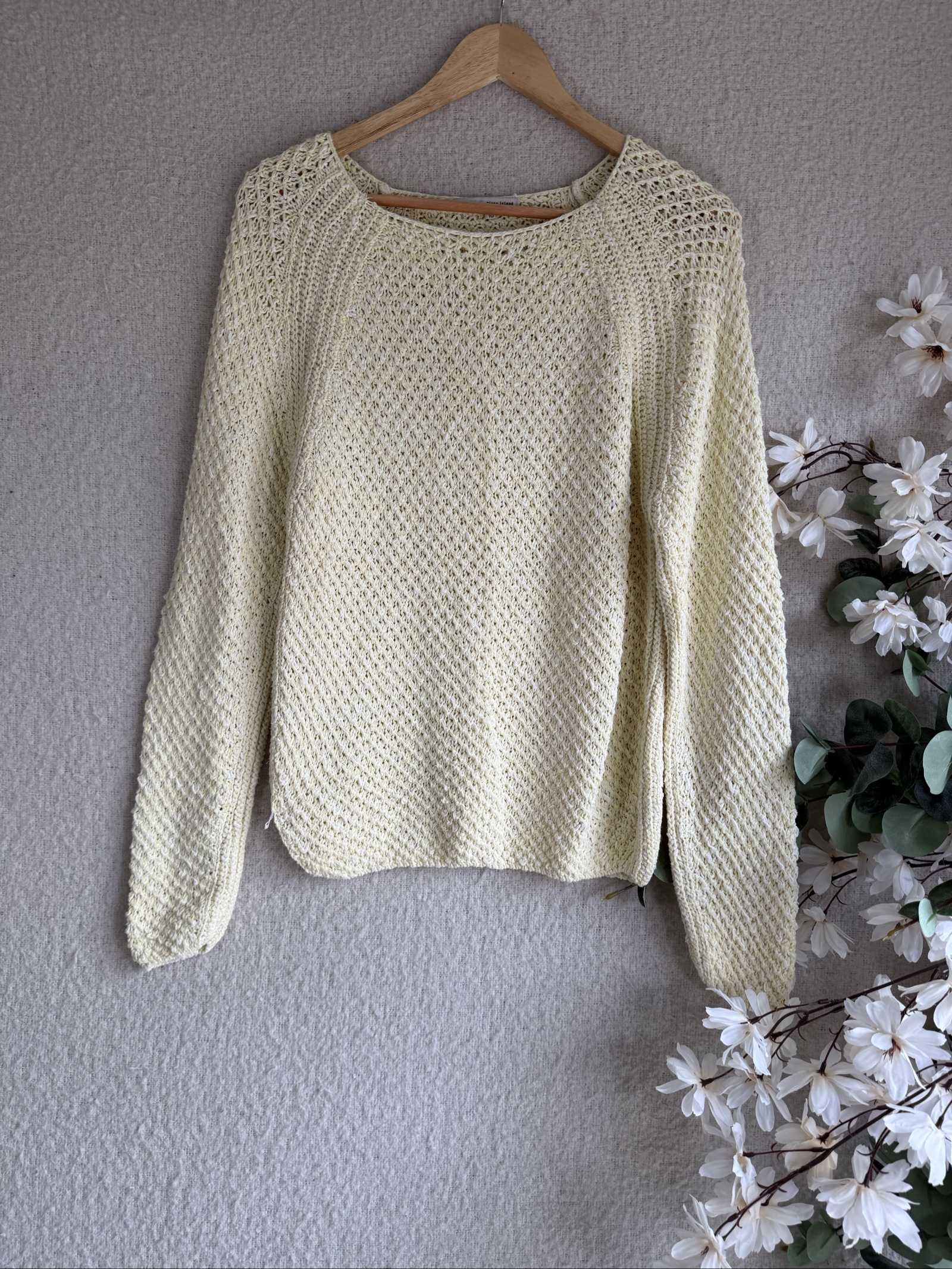 River Island Pale Yellow Cotton Knit Jumper UK 10 Textured Summer Top