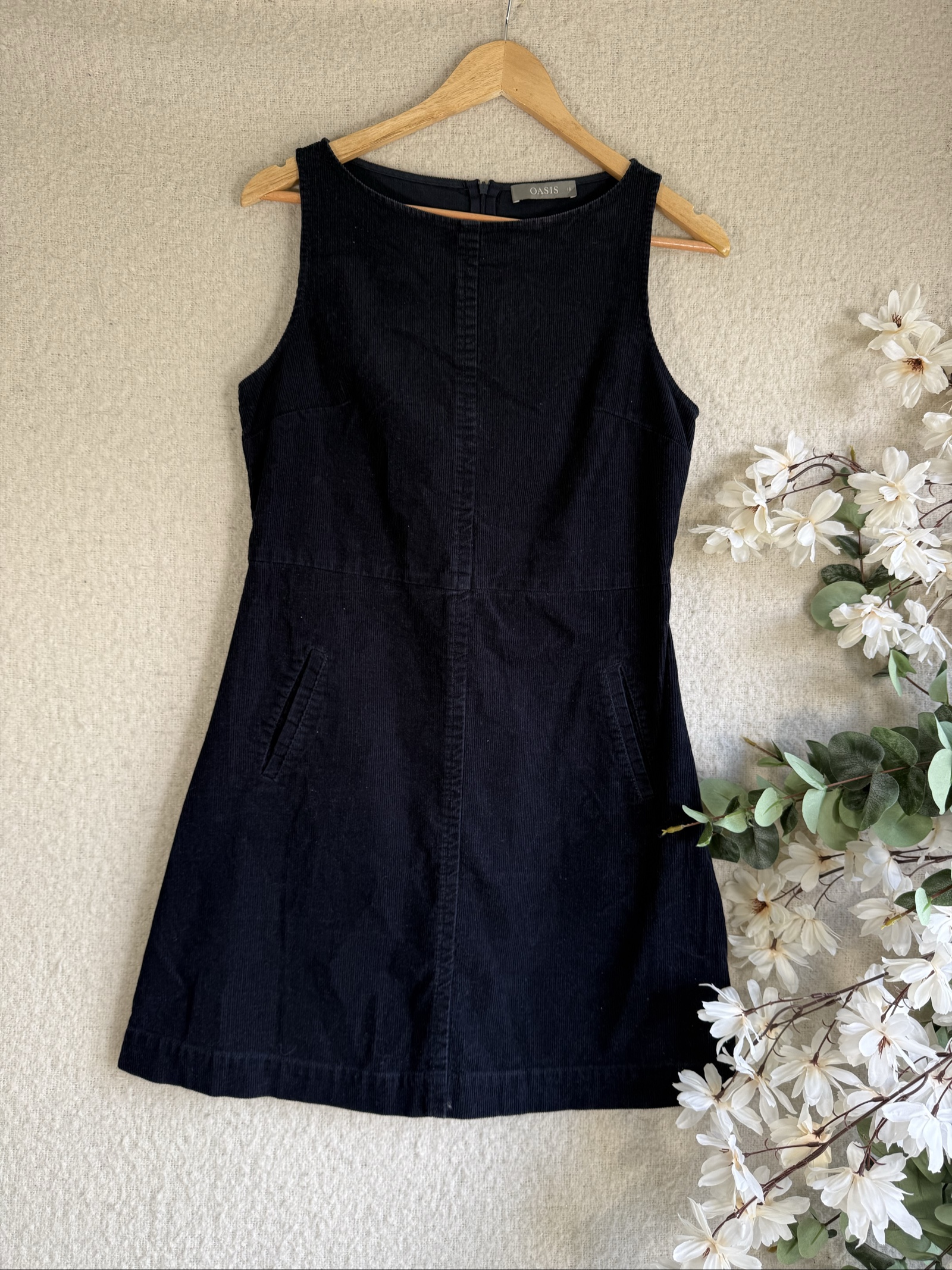 Oasis Black Corduroy Cotton Sleeveless Dress UK 10 Classic A-Line Style