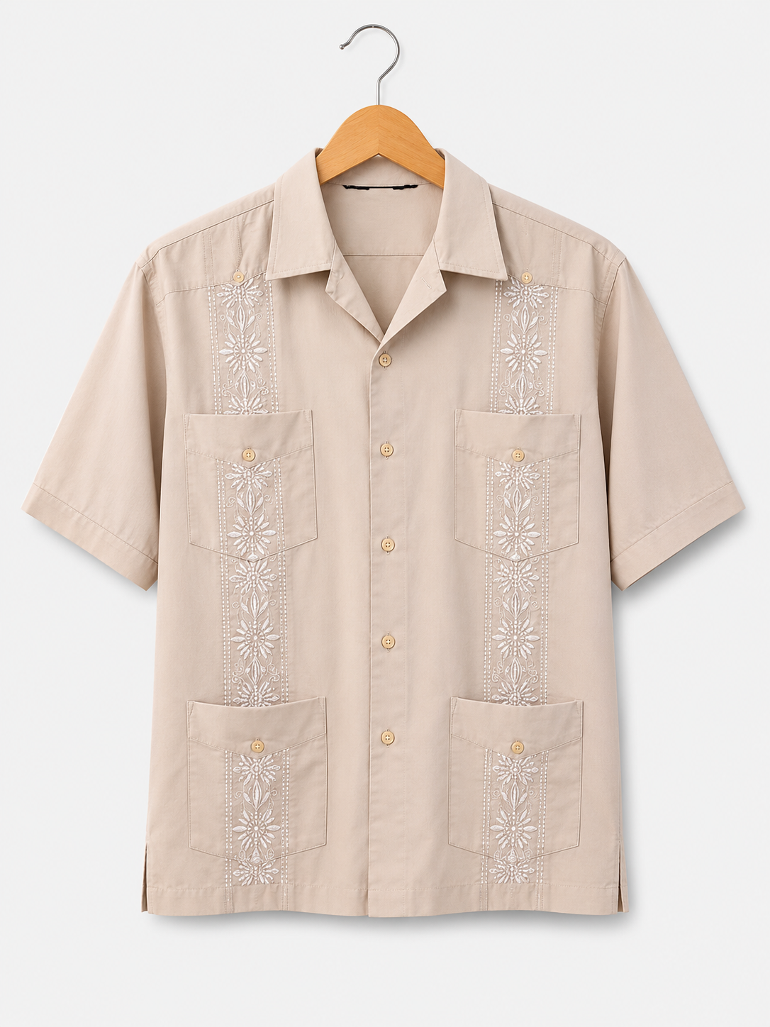 Beige Embroidered Cuban Shirt XL