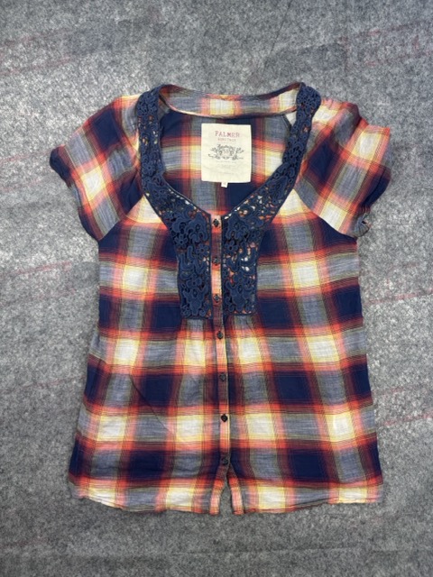 Falmer Heritage Multicolour Checked Short Sleeve Blouse Crochet Detail UK 12