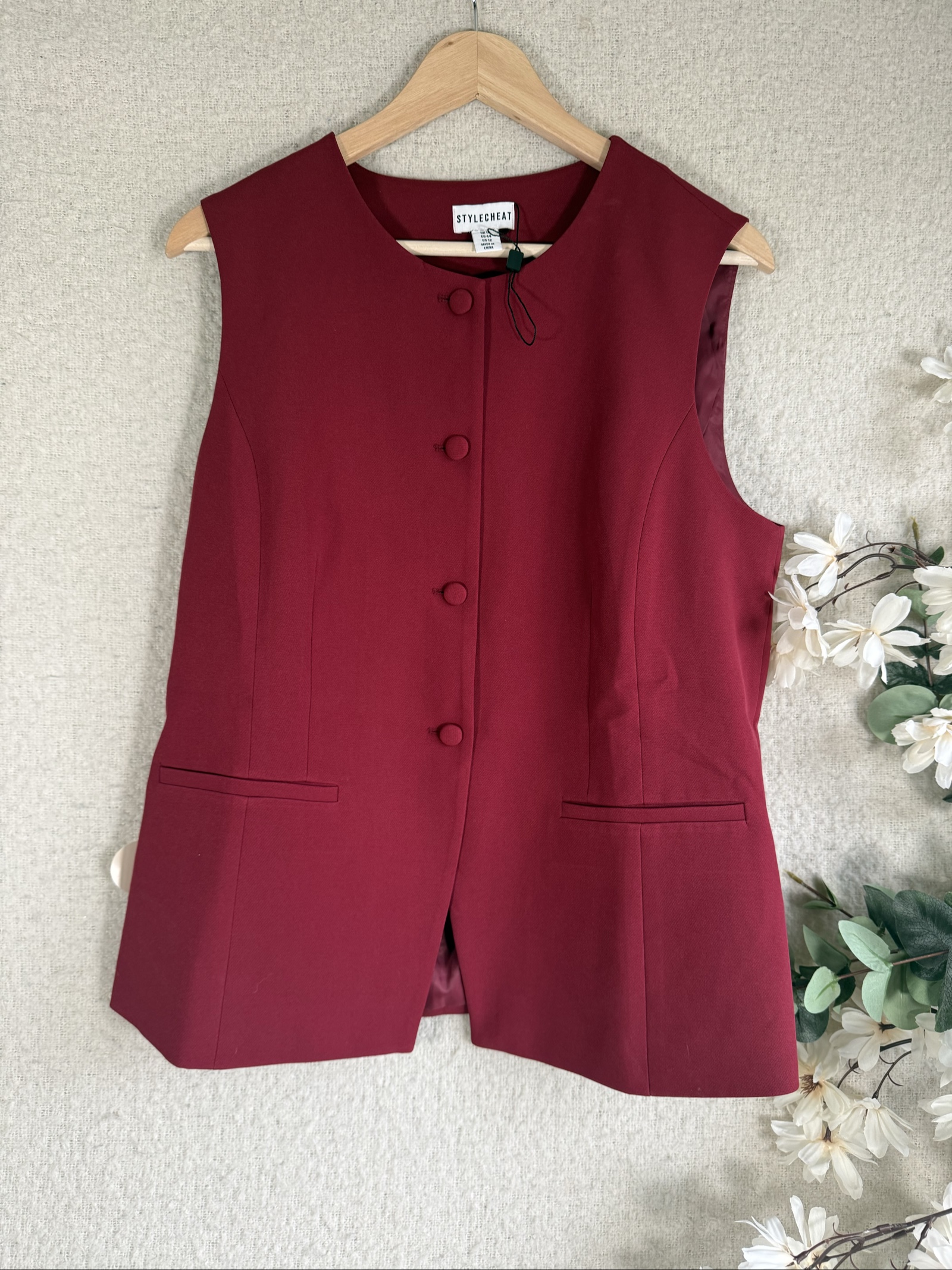 Stylecheat Burgundy Buttoned Formal Sleeveless Blazer UK 16 Elegant Workwear
